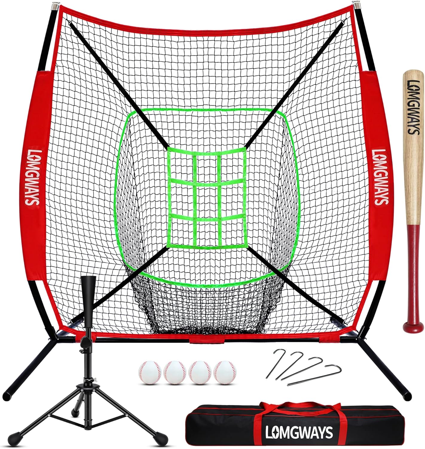 7'x7' Baseball Practice Net Set, Portable Baseball Net for Batting,Hitting and Pitching,with Baseball Tee, Baseball Bat, Baseballs, Strike Zone, Carrying Bag, for All Skills