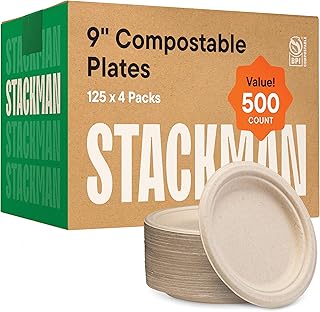 100% Compostable Paper Plates 9 Inch [500 Count] Heavy-Duty Dinner Plates - Natural Brown Color Unbleached Bagasse - Eco-Friendly Disposable Biodegradable Sugarcane Plates - [Bulk Case 4/125 Pack]