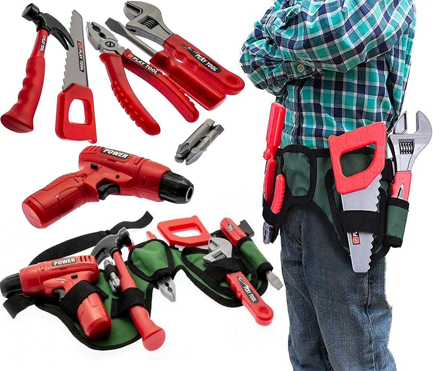 Kids Tool Set & Work Belt with Accessories, Working Drill - Childrens DIY Toy Building Construction Pretend Play Set