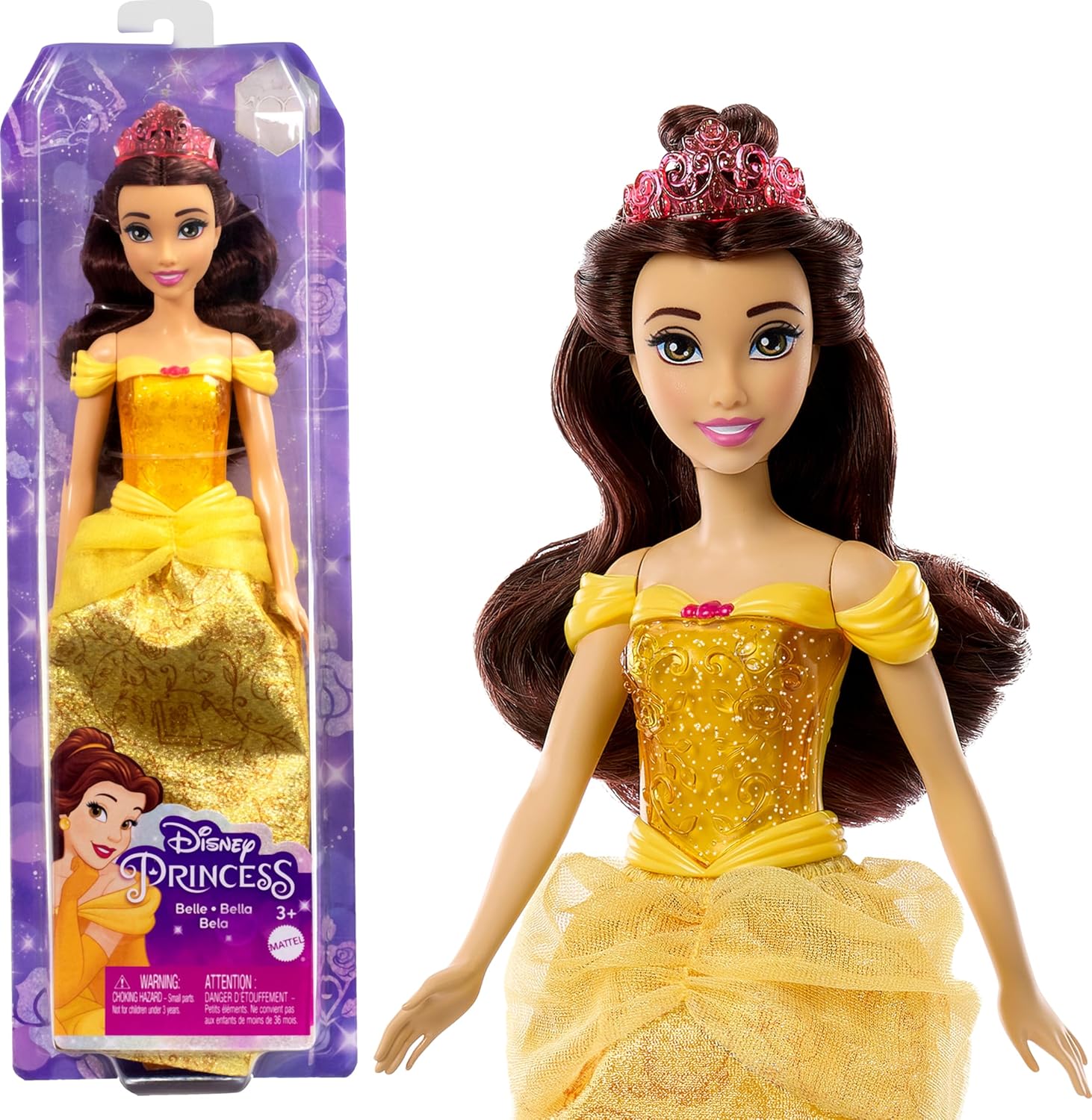 Mattel Disney Princess Belle Doll in Sparkling Fashion with Removable Skirt, Tiara and Shoes, Posable & Collectible, Inspired by Beauty & the Beast