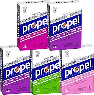 Propel Powder Packets 4 Flavor Variety Pack With Electrolytes, Vitamins and No Sugar 10 Count (Pack of 5) (Packaging May Vary)