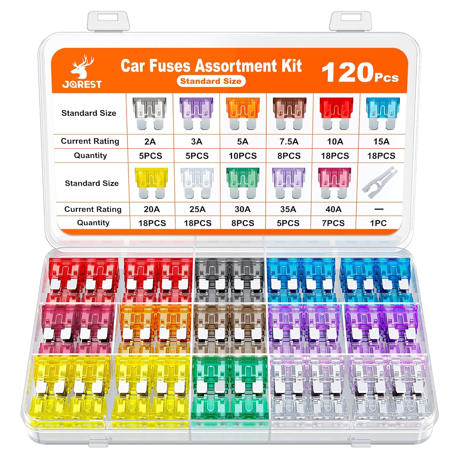 JOREST 120Pcs Car Fuses,Blade Fuses Assorted Kit for Caravan Auto, Standard Amp fuses UK (2A 3A 5A 7.5A 10A 15A 20A 25A 30A 35A 40A) + Auto Fuse Puller