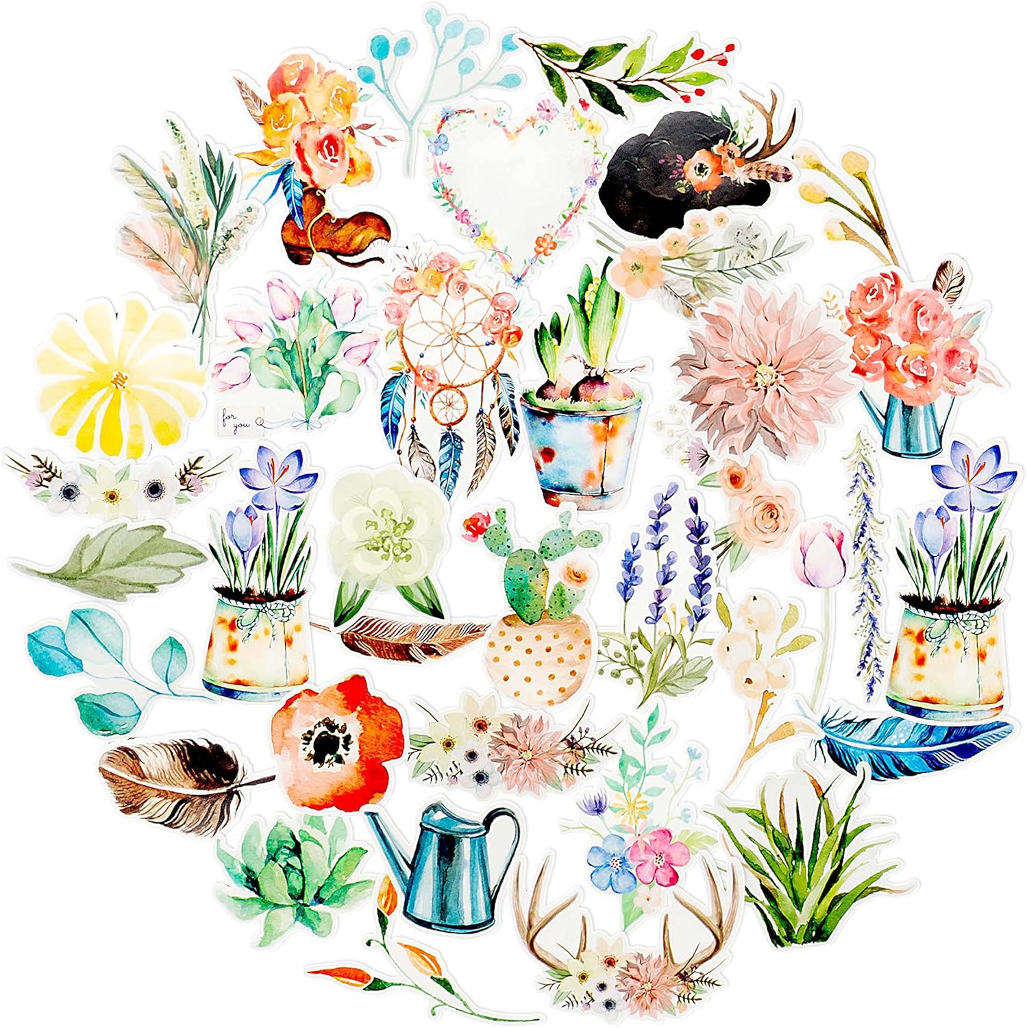 Navy Peony Whimsical Watercolour Flower Stickers | Waterproof Plant Stickers for Water Bottles, Laptop Computer, and Scrapbook | Great Stickers for Children and Adults (37 Pieces)
