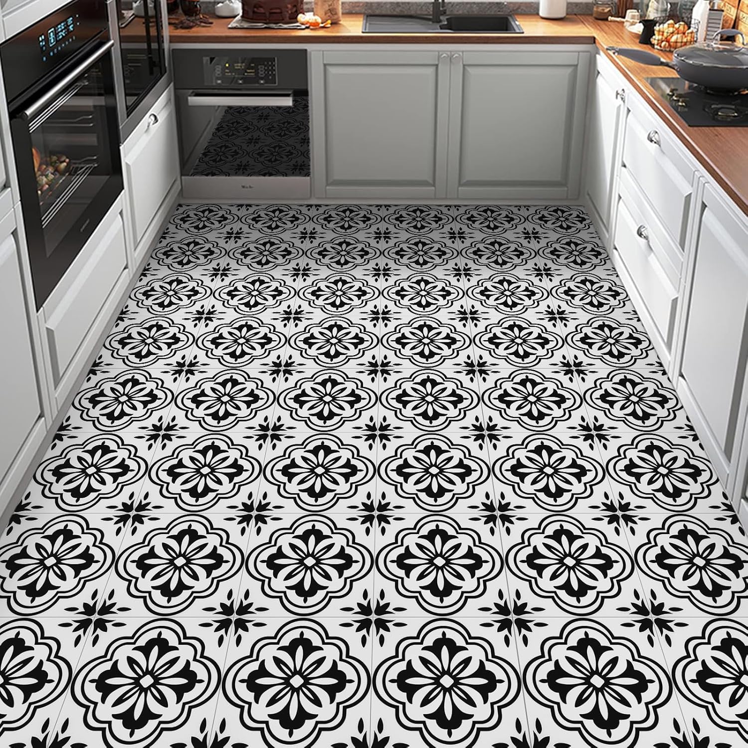 Elffloor Floor Tiles Self Adhesive Vinyl Flooring Self Adhesive Floor Tiles Black And White Pattern 20x20cm Waterproof For Bathroom Kitchen Living Room 10pcs