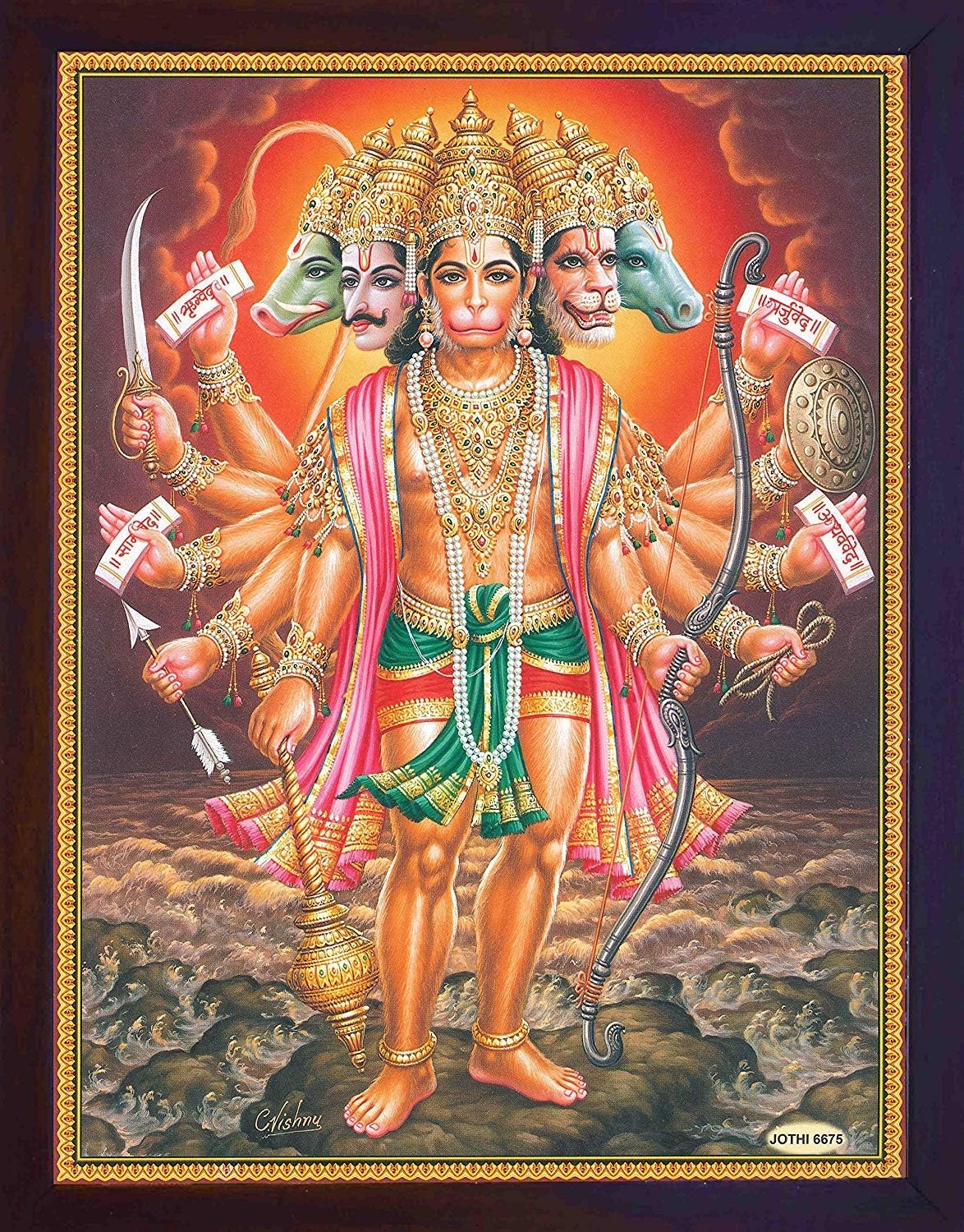 SANVIKA Panchmukhi Hanuman Poster Painting with Frame – Sacred Hindu Artwork for Worship and Decoration (220-146)