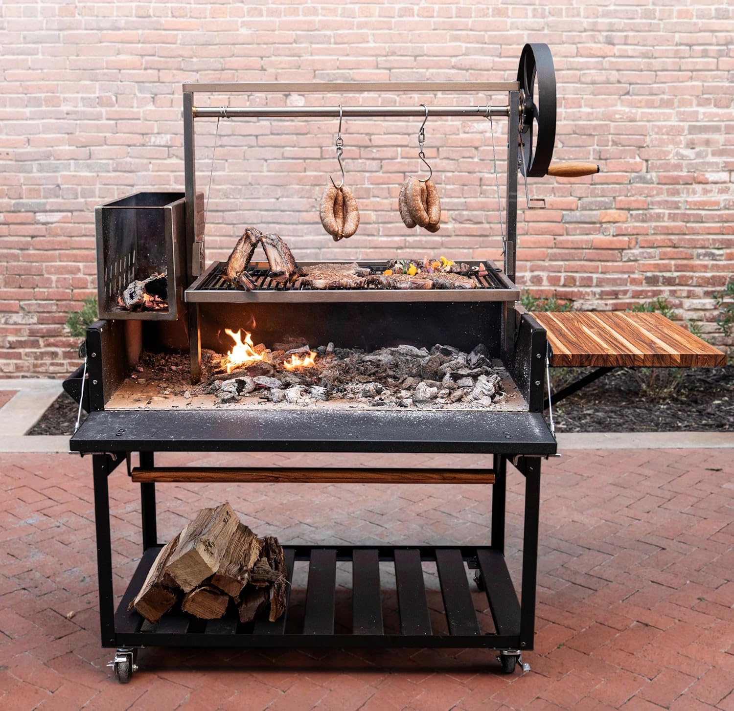 Backyard Discovery Argentine Santa Maria Wood Fire & Charcoal BBQ Grill with Brasero, Adjustable Grill Grates, Fire Bricks, Heavy-Duty Steel, S-Hooks, Acacia Wood Table for Outdoor Gaucho Grilling