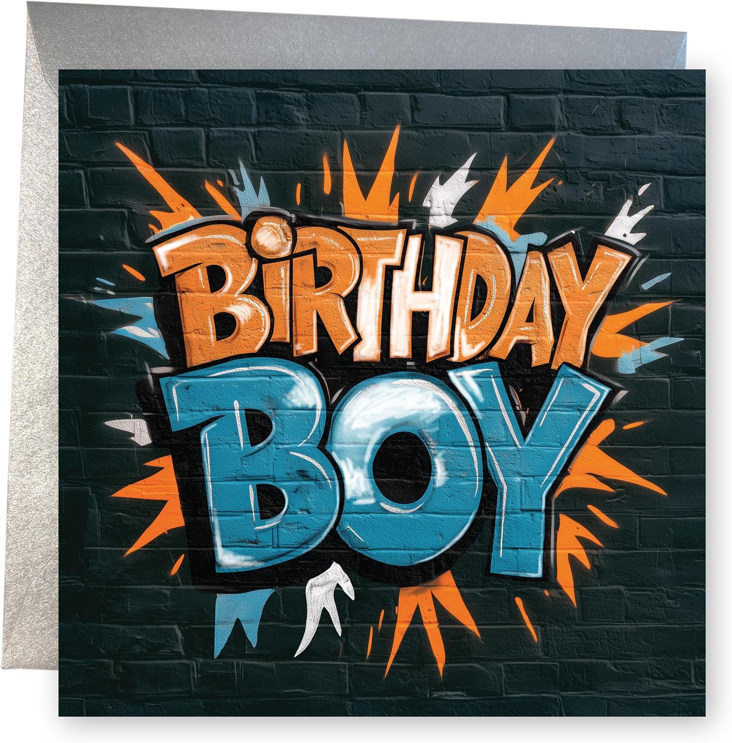 Birthday Card for Boy. Graffiti with Gloss Text Design. 150x150mm supplied with Envelope. Eco-friendly. Message inside. Made in Britain.