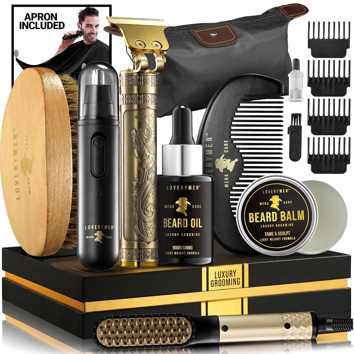 Mens Grooming Beard Kit, Beard Trimmer, Nose Hair Trimmer, Hair Straightener Brush, Oil, Balm & More, 15pc Beard Care Kit, Birthday Gifts for Men, Mens Gifts for Him, Gifts for Dad