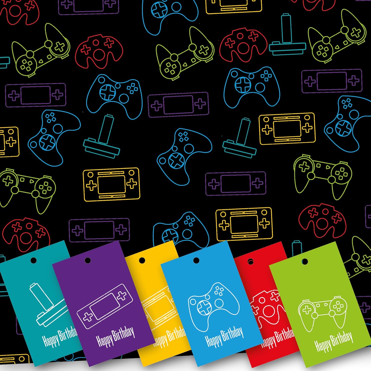 Happy Birthday Wrapping Paper. Game Controller Design. 5 XL Sheets (50 x 70cm). Boys Gaming. Gift Wrap with Matching Tags. Cutting Grid on Reverse.