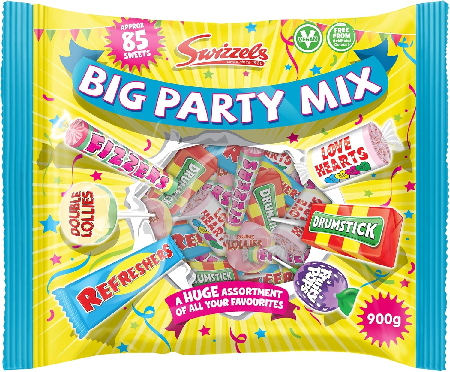 Big Party Mix, 900g, 85 Vegan Sweets, Assorted Favourites Including Love Hearts, Drumstick, Refreshers & Much More