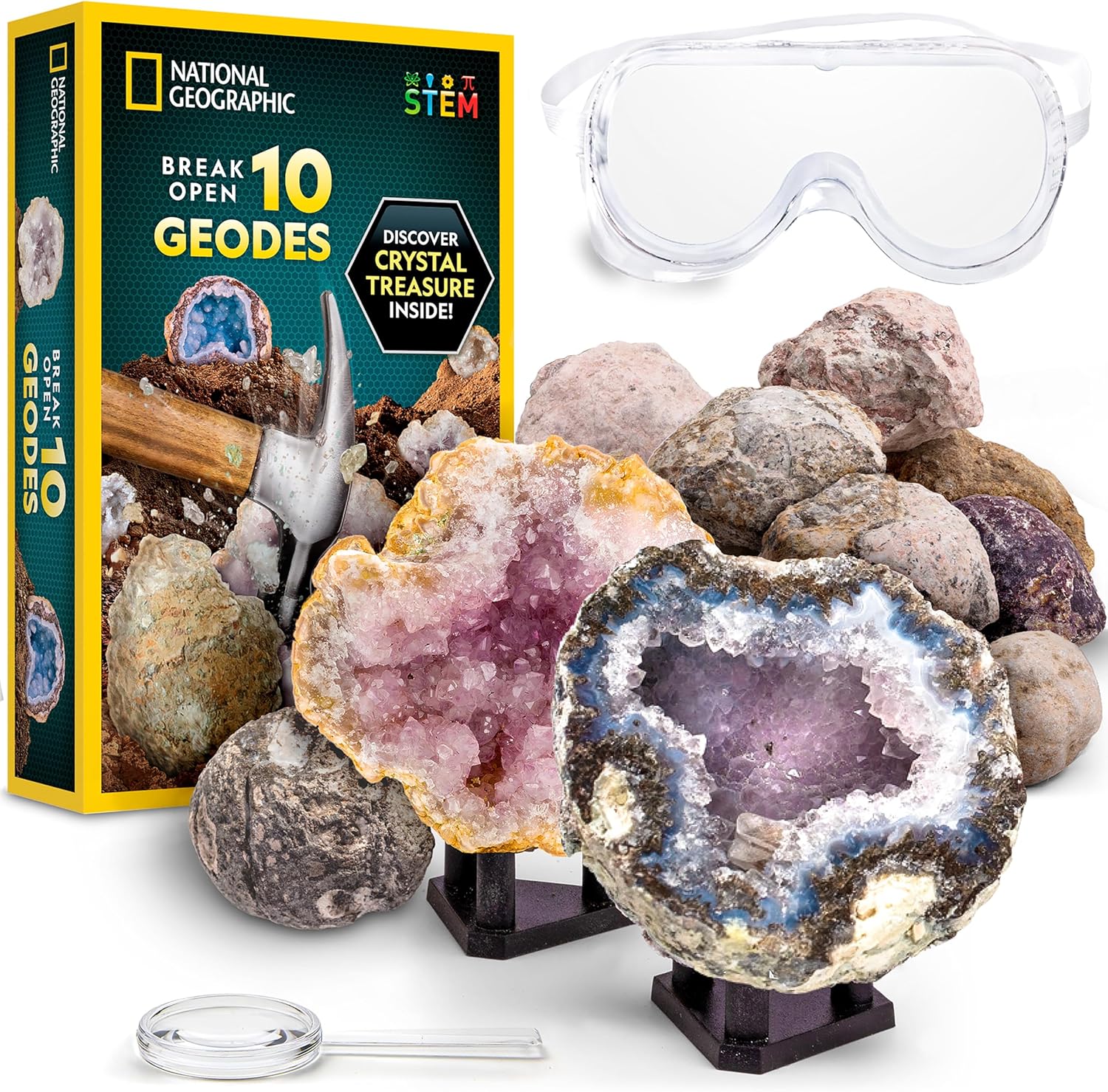 NATIONAL GEOGRAPHIC Break Open 10 Premium Geodes – Includes Goggles and Display Stands - Great STEM Science Kit, Geology Gift for Kids, Geode Crystals, Toys for Boys and Girls