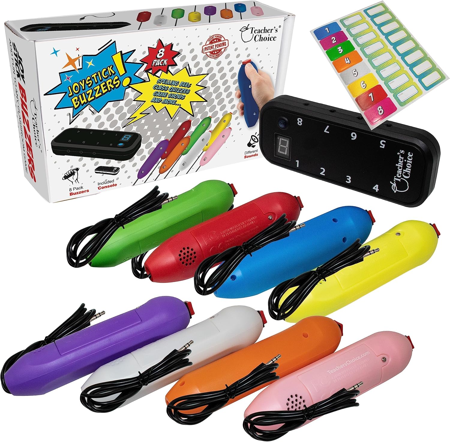 Teacher's Choice 8 Color Handheld Game System - Console Displays First Buzz-in - Great for Jeopardy, Family Feud, Trivia and Buzzer Games - Controller with 8 Joystick Buzzers, 8 Unique Sounds