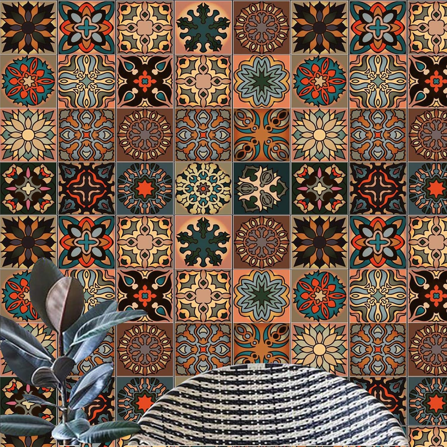 20pcs Moroccan Style Tile Stickers, Brown Kitchen Bathroom Wall Tile Stickers Peel and Stick on Tile Transfers Covers Decals Self Adhesive Vinyl Waterproof Vintage Mosaic Art (15cm x 15cm, 6x6 inches)