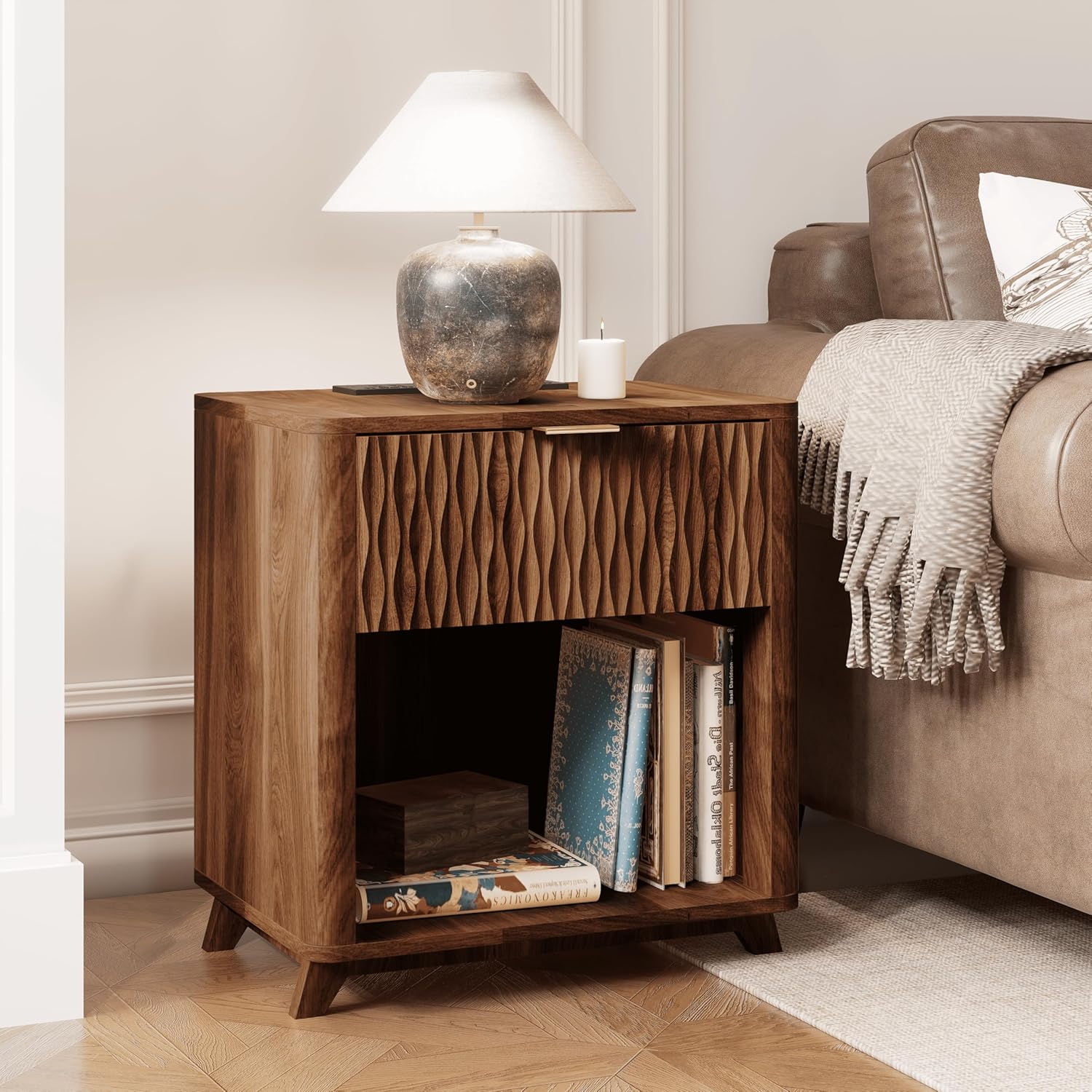 Walnut Nightstand, 22" Mid-Century Modern Fluted Bedside Table with Drawers, Wide Nightstand with Charging Station for Bedroom, Living Room, Walnut