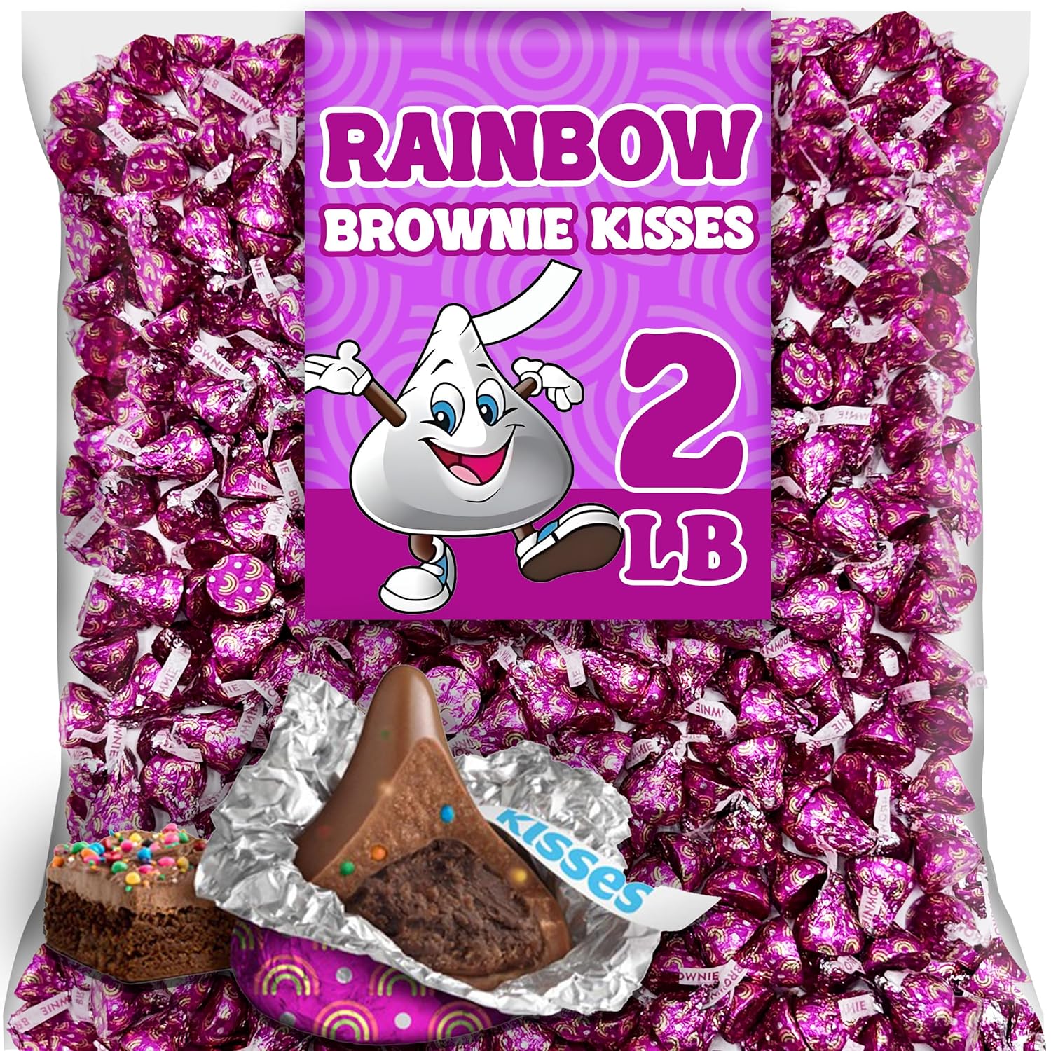 Hershey Kisses Rainbow Brownie Candy, Bulk 2 Lb Milk Chocolate Kisses filled With Brownie Flavored Creme and Colorful Rainbow Sprinkles, Individually Wrapped in Purple Foils, Birthday Candy Party Bag