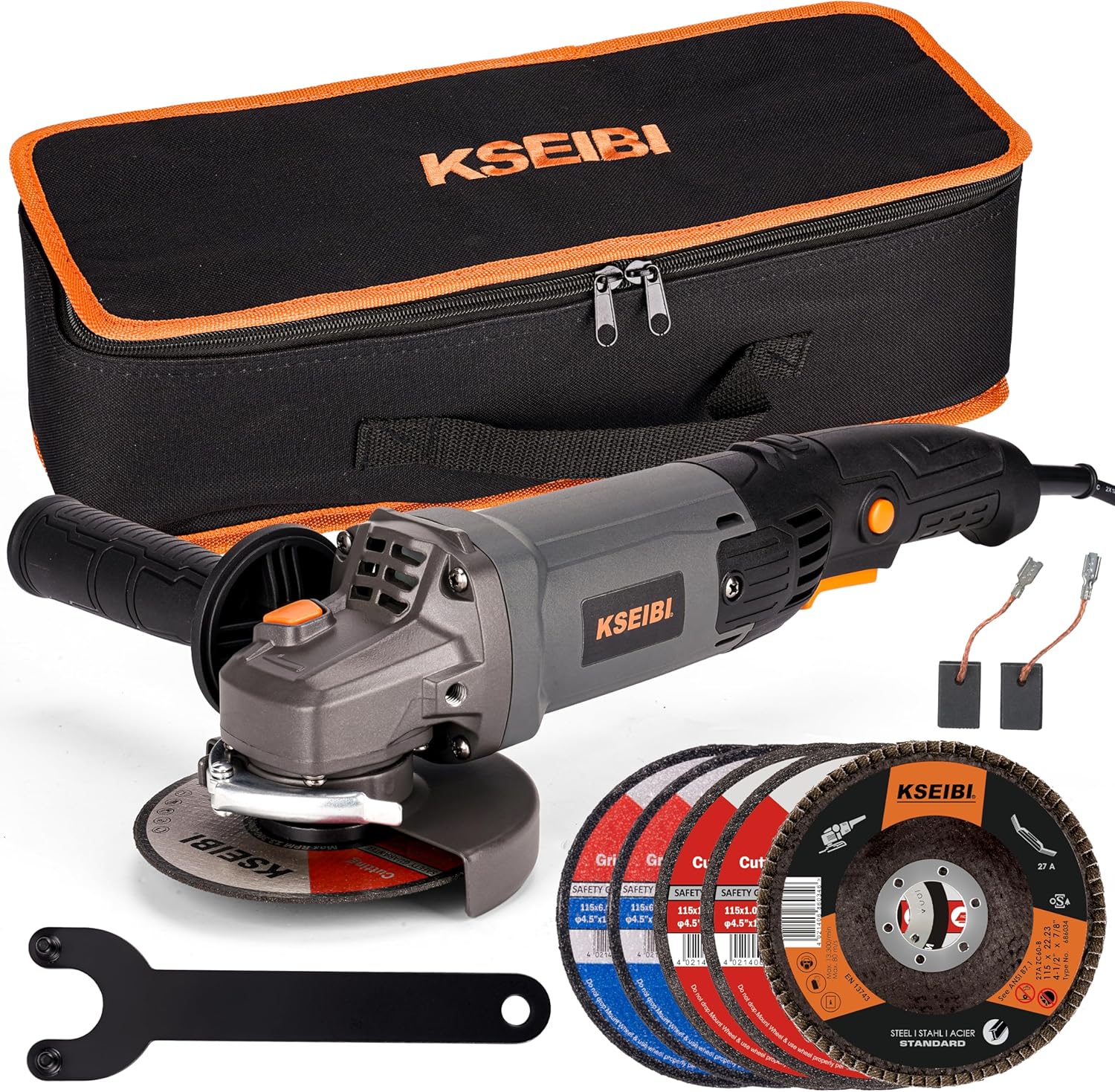 KSEIBI 711943K Angle Grinder Tool - 4 1/2 inch, 950W, 8Amps, 11000RPM, Corded Power Tools Long Handle with 7/8" Arbor Grinding and Cutting Wheels, Flap Disc, Quick Adjustable Guard, and Storage Bag