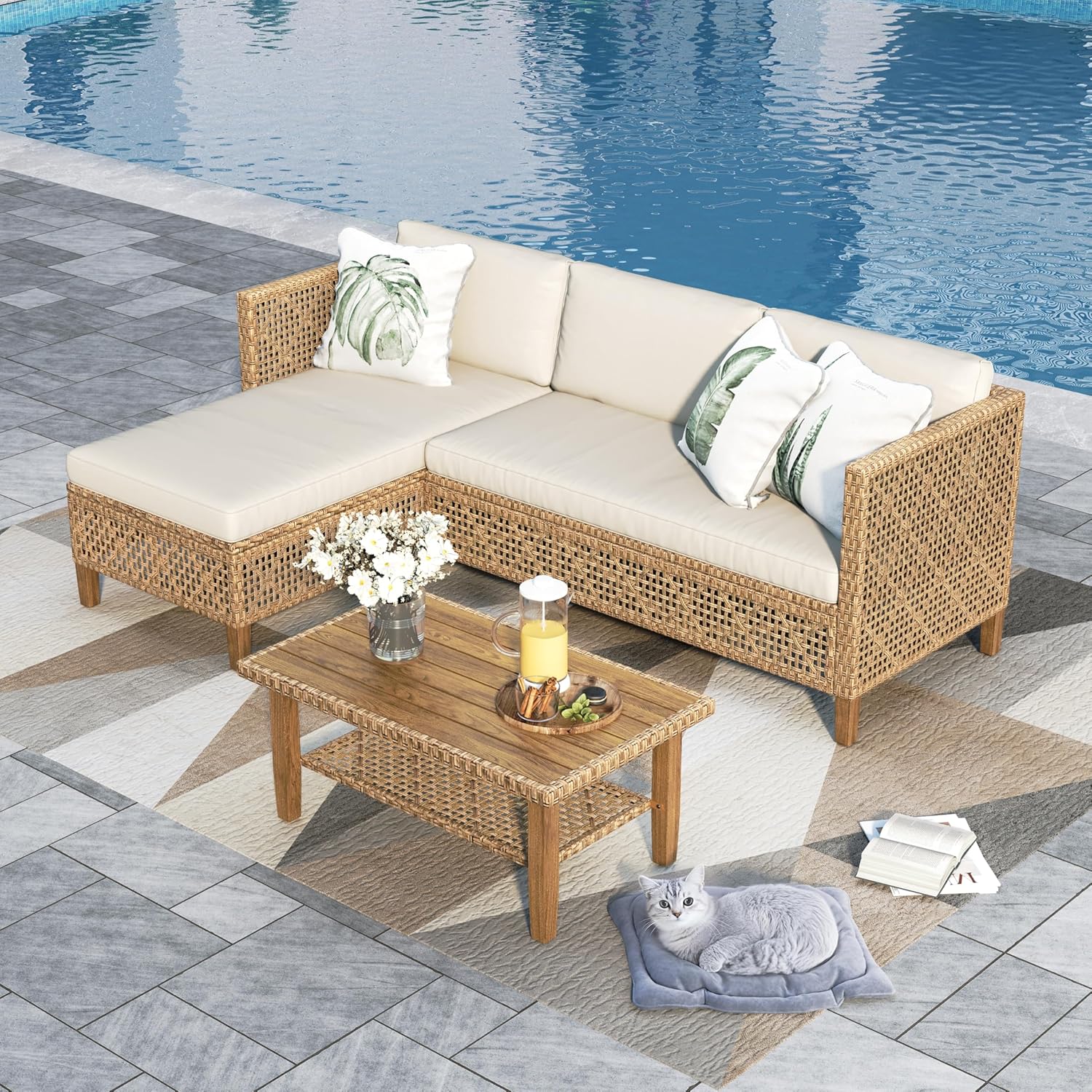 PHI VILLA 3 Pieces Rattan Garden Furniture with Outdoor Coffee Table, L Shaped Patio Wicker Corner Sofa Sectional Furniture Set with Thickened Cushions and Pillows for Balcony Backyard Porch, Beige