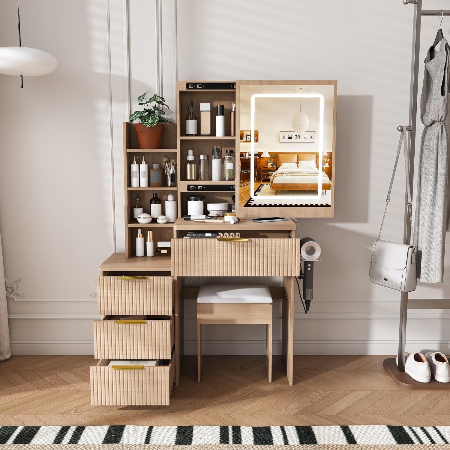 Small Vanity Desk with Mirror and Led Light, 31.5" Compact Makeup Vanity with Stool, 4 Drawers, 4 Open Shelves & Slidding Mirror Cabinet, Dressing Table for Small Space,Dorm,Bedroom