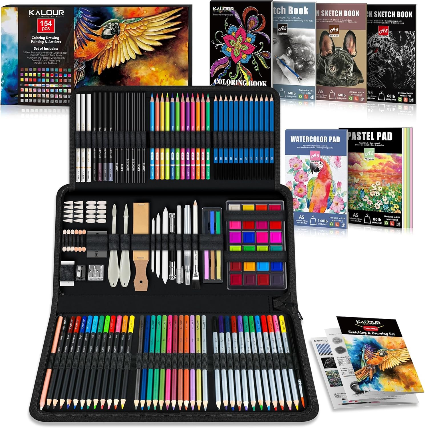 KALOUR 154PCS Art Supplies - Sketching & Drawing Kit with Sketchbook,Tutorial Book,Coloring Paper - Graphite,Colored, Charcoal, Watercolor & Metallic Pencils - Drawing Tools for Artists and Beginners