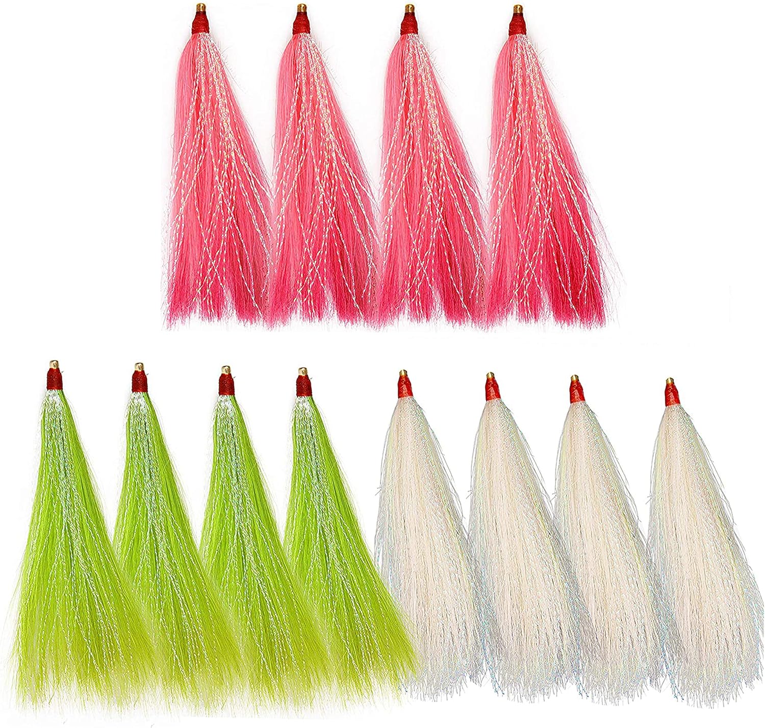 Fishing Bucktail Teasers, 12pcs Saltwater Fishing Lures Flounder Rig Bucktail Teaser for Cod Flounder Seabass Fishing Teasers Plugs 3 Colors