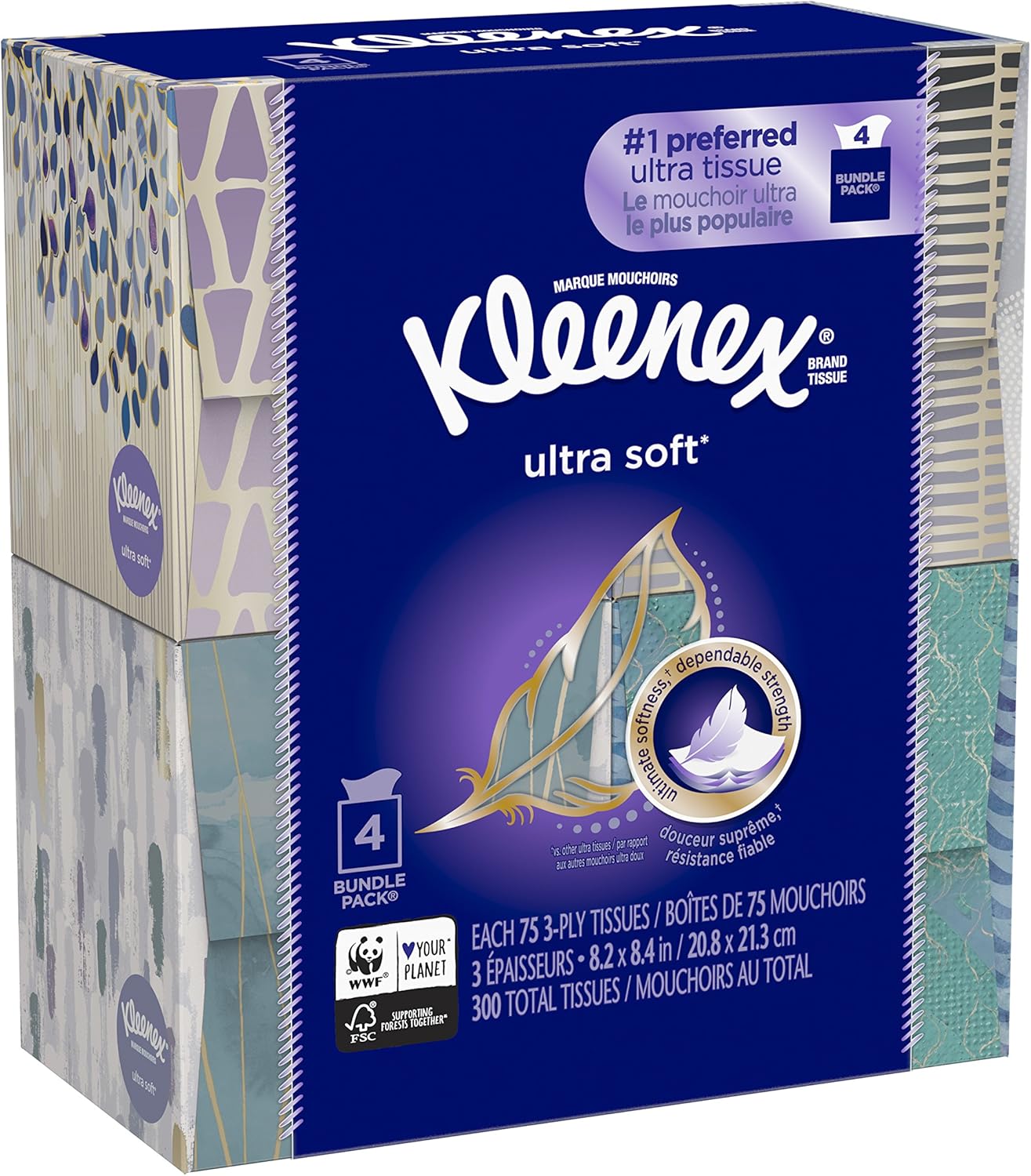 KLEENEX Ultra Soft Facial Tissue, 3-Ply, White, 8.2 inch x 8.4 inch, 75/Box, 4 Box/Pack - Packaging May Vary (Assorted color and style boxes),Pack of 4,