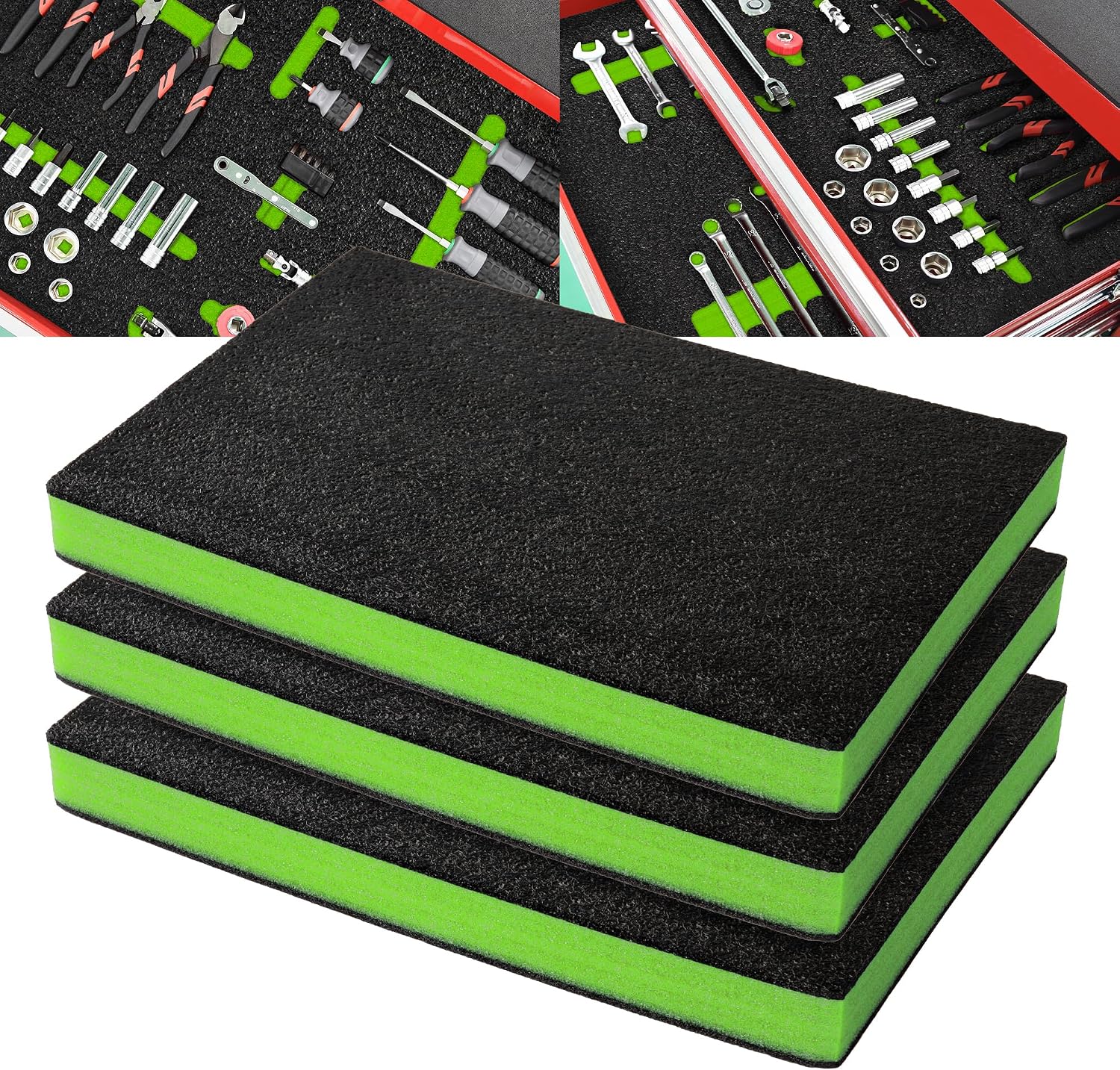 Precision Defined Tool Box Foam Insert, 45.7x30.4x5cm (3-Pack) | Polyethylene Cushion Insert for Cases, Black/Green