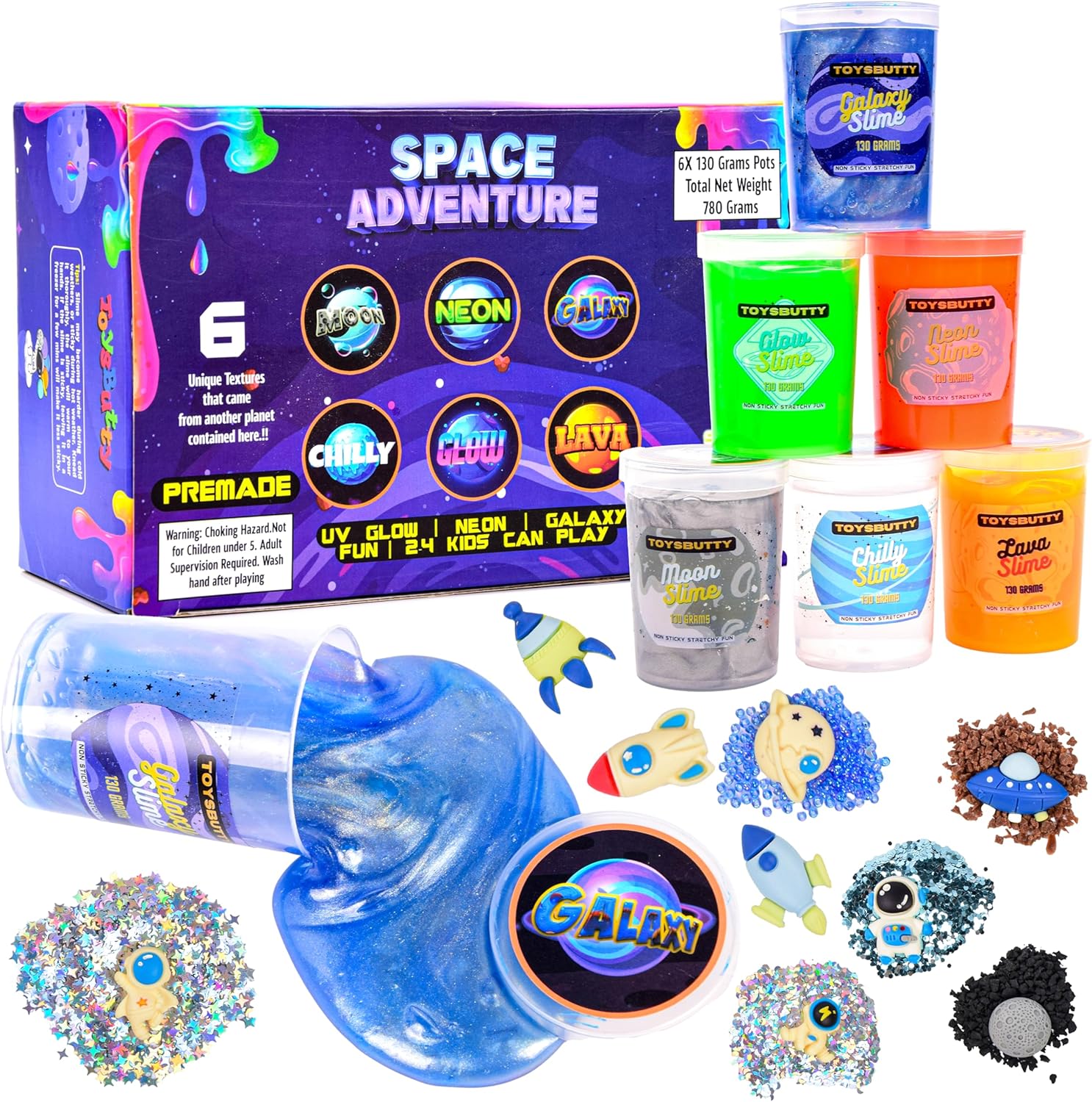 FINOCLAY Slime Kit for Girls Boys, 6 Galaxy Stretchy None Sticky Slime Educational Toys with Space Slime Charms &Galactic add ins,Neon Glow Metallic Slimes, Party Bag Fillers for Kids Sensory Putty