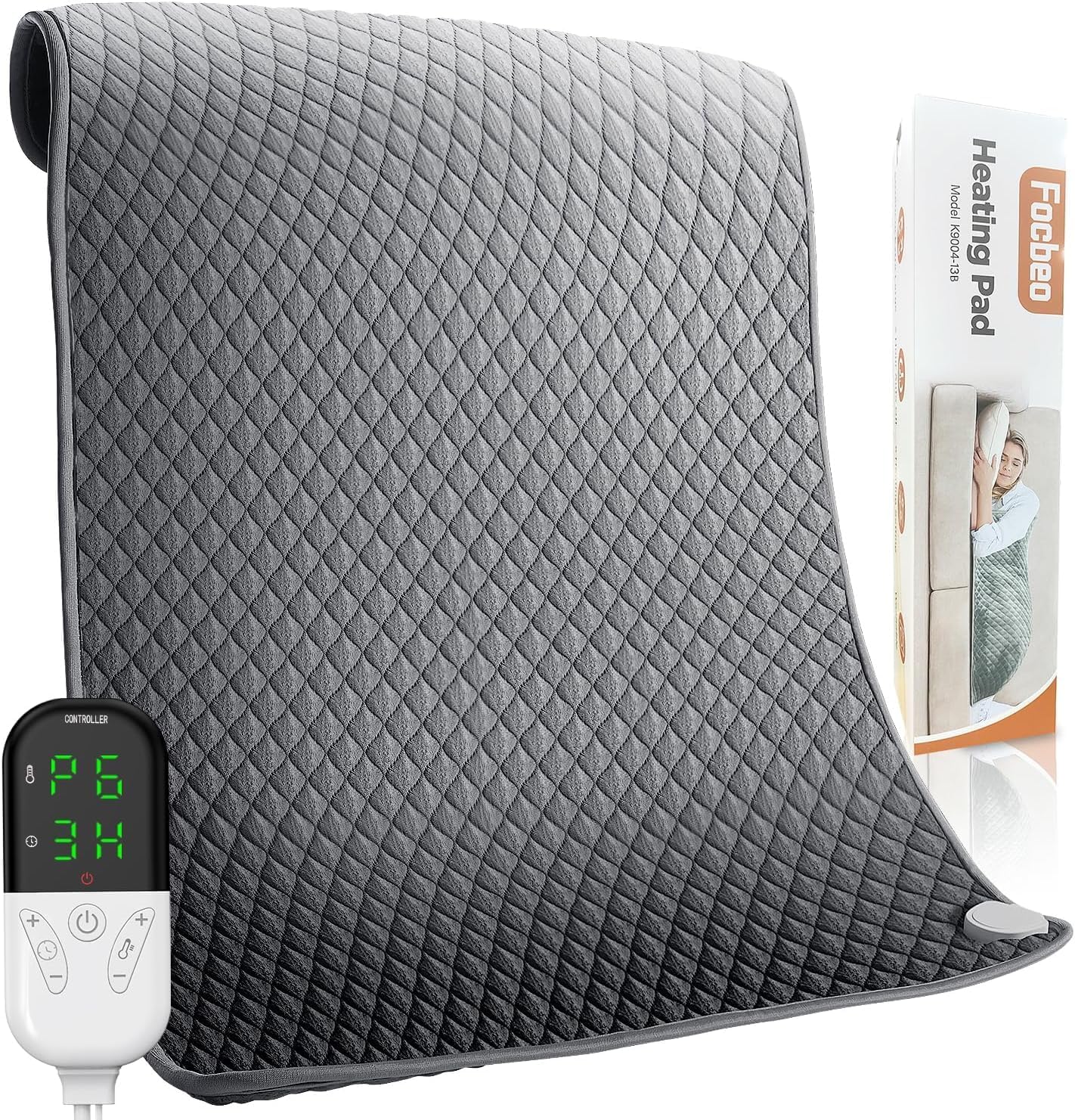 Focbeo Heating Pad, 32"x24" Large Electric Heat Pad for Back, Neck, Shoulder Pain Relief – 6 Heat Levels, 4 Timer Settings, Auto Shut-Off, Machine Washable