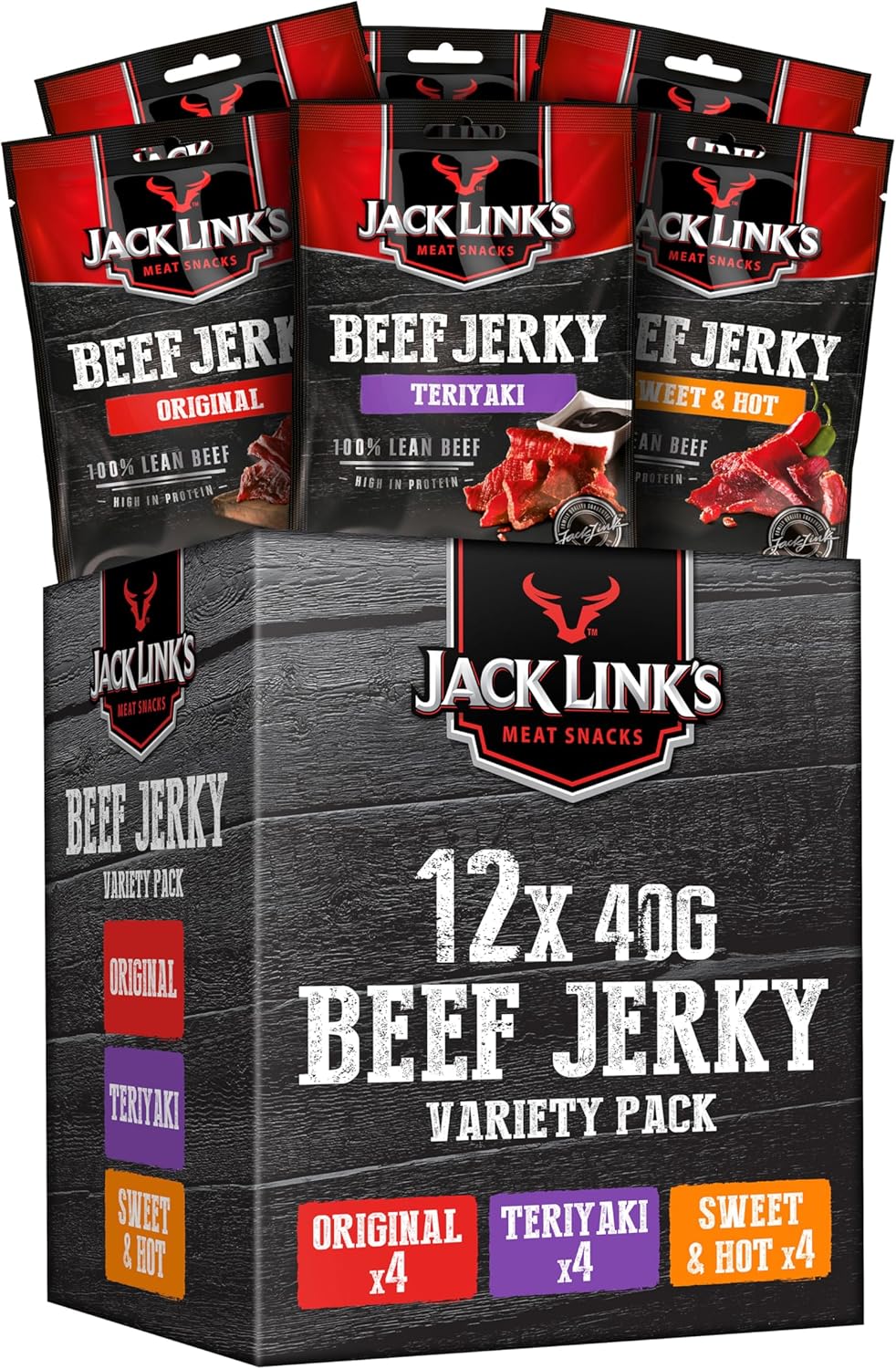 Jack Links - Beef Jerky - Mixed Flavour Dried Meat Snack - Box of 12 x 40g - High Protein Snacks for Gym, Fitness, Outdoor, Hiking - American Food - Halal
