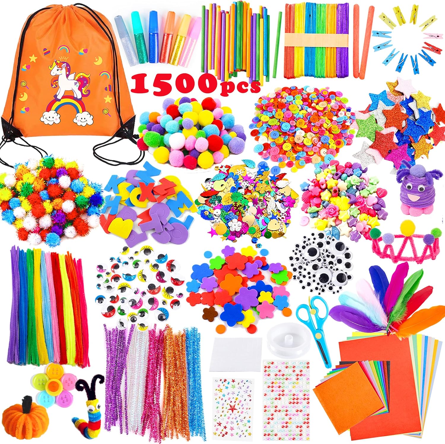 Yetech Arts and Crafts Supplies for Kids-1500+pcs Craft Kits for Kids with Unicorn Storage Bag, Craft Art Supply, DIY Crafting Set, Pipe Cleaners, Pom Poms, Googly Eyes, Feathers, Beads, Ages 4-12
