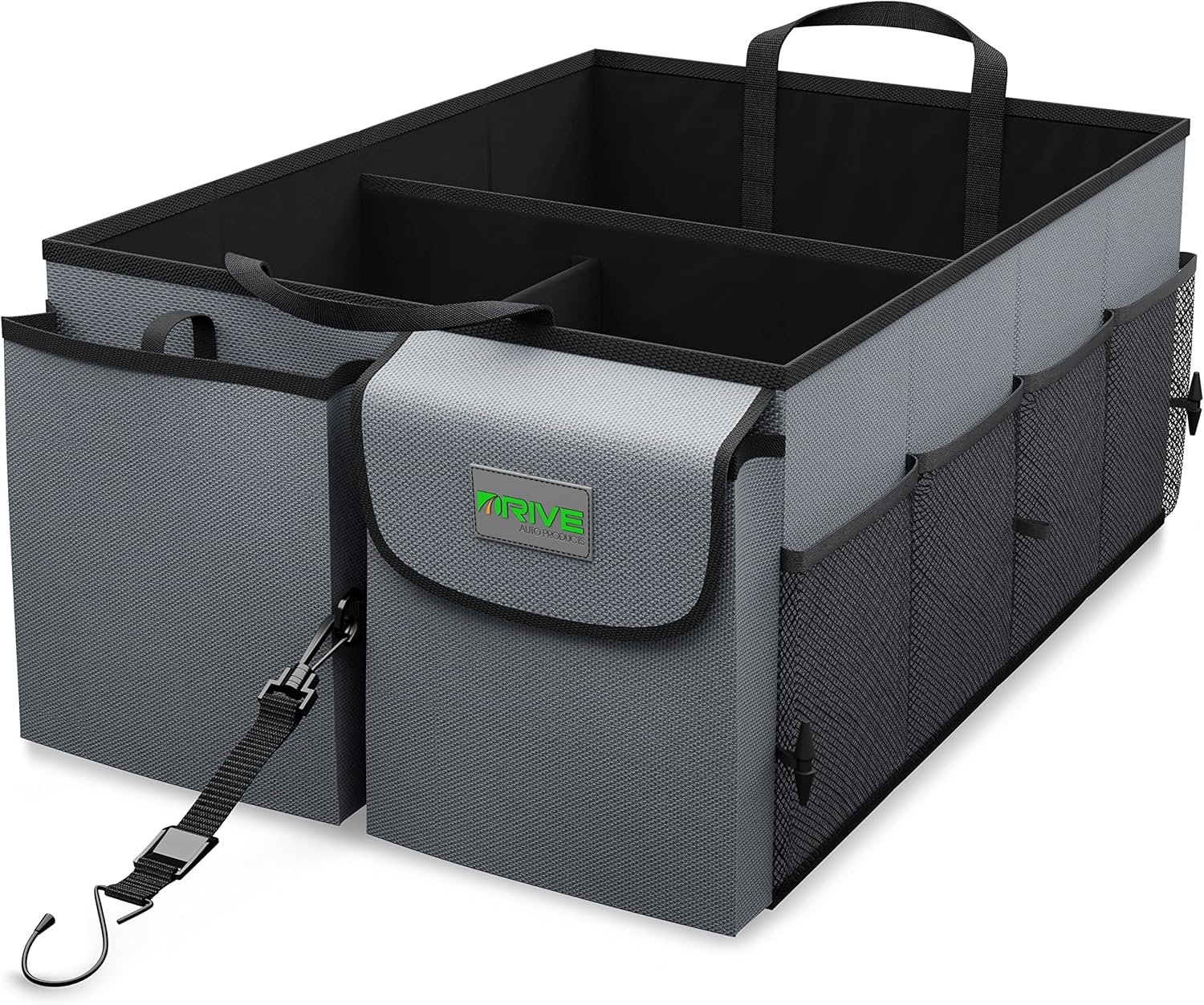 DRIVE - Car Trunk Organizer - Collapsible, Multi-Compartment Automotive SUV Car Organizer for Storage w/Adjustable Straps - Truck & Car Accessories for Women and Men - Grey