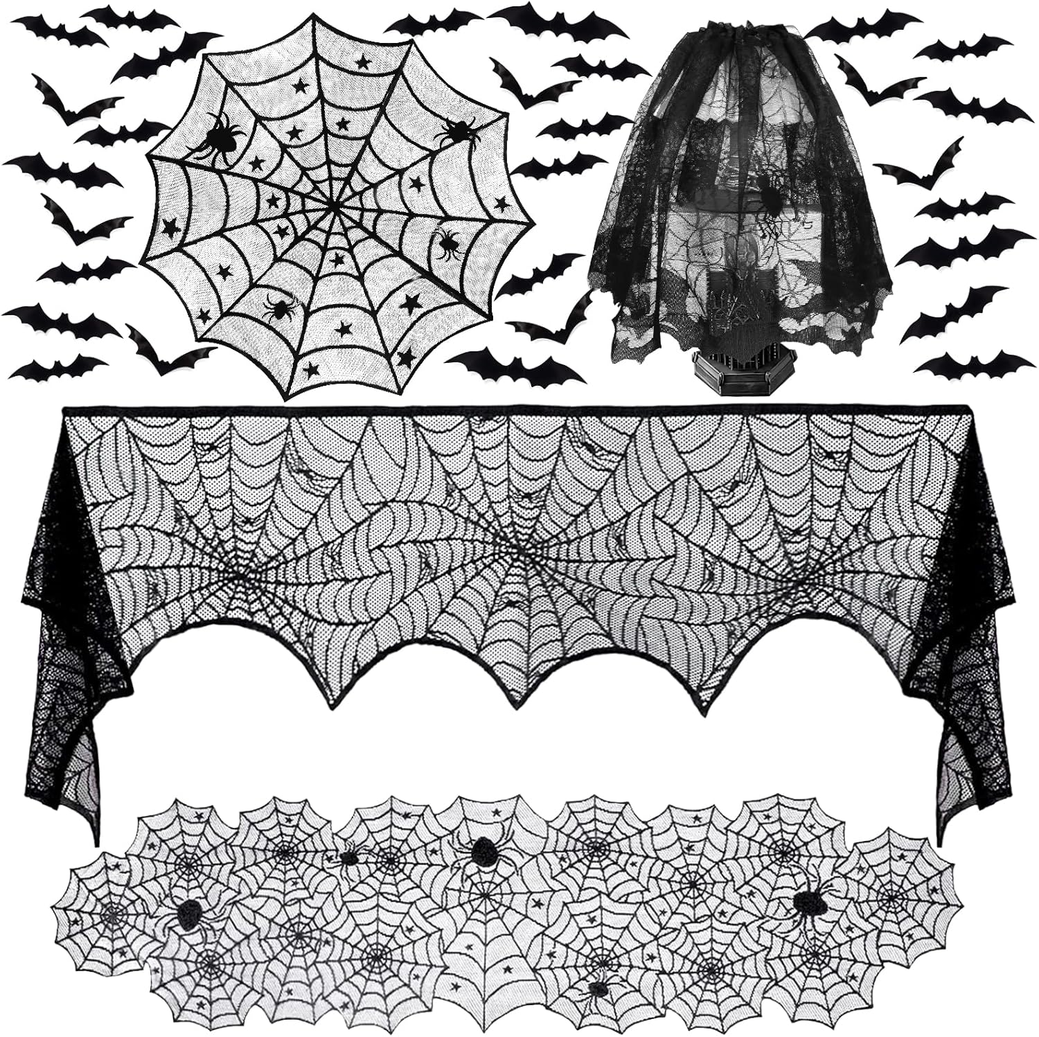 40 PCS Halloween Decorations Set,Halloween Table Runner,Lace Round Table cloth,Spooky Bat Spider Cobweb Table Cover Cloth,Spider Lampshade with 36pcs Scary 3D Bat and Fireplace Mantel Scarf