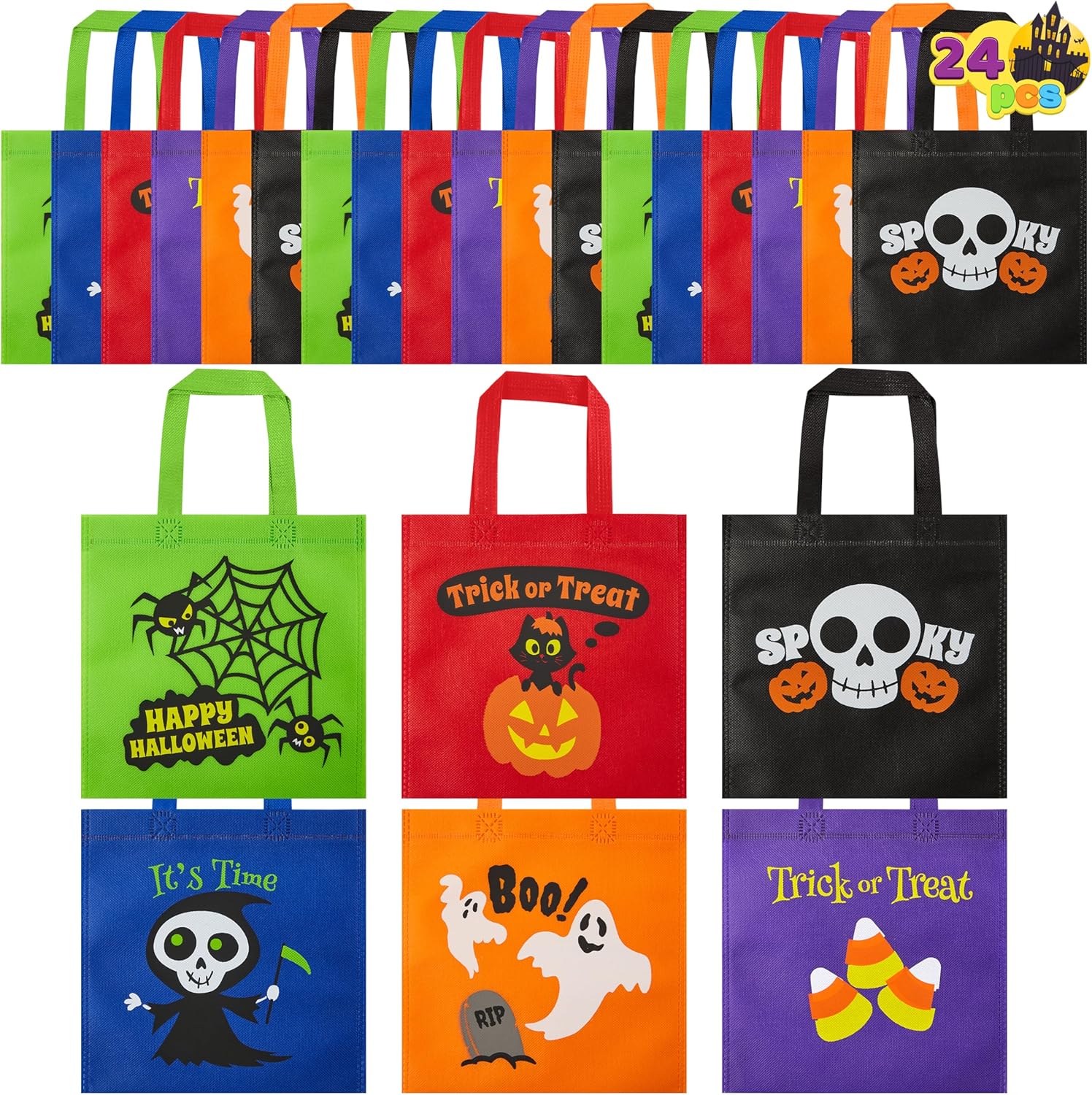 JOYIN 24PCS Halloween Non-Woven Treat Bags, 9" Goodie Totes Bags with Handles, Halloween Candy Bag for Kids Trick or Treating, 6 Cute Designs Gifts Goody Bag Bulk for Classroom Party Favor Supplies