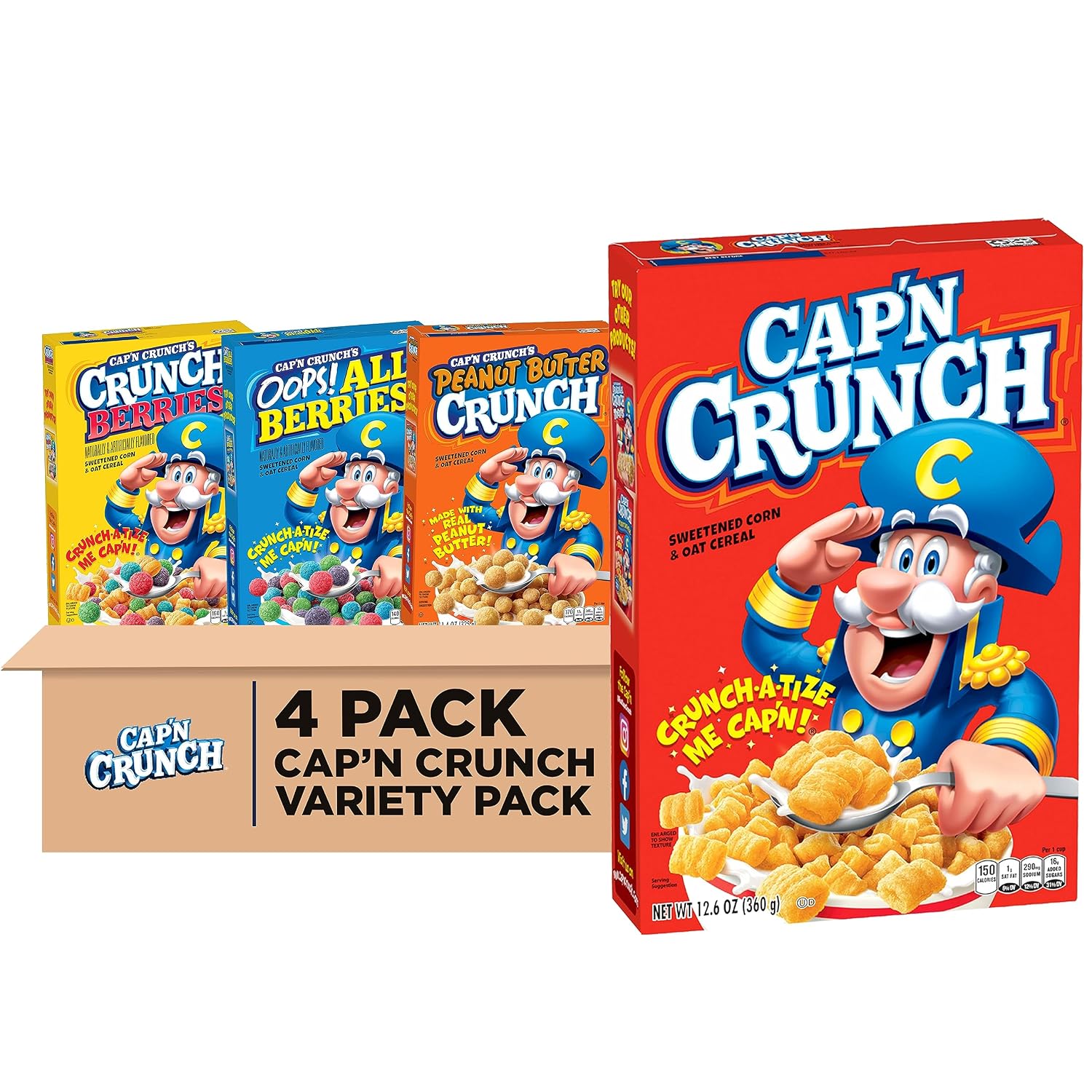 Quaker Cap'n Crunch Breakfast Cereal, 4 Flavor Variety Pack, (4 Pack), Sweetened Corn & Oat Cereal Original, Crunch Berries, Oops All Berries, Peanut Butter