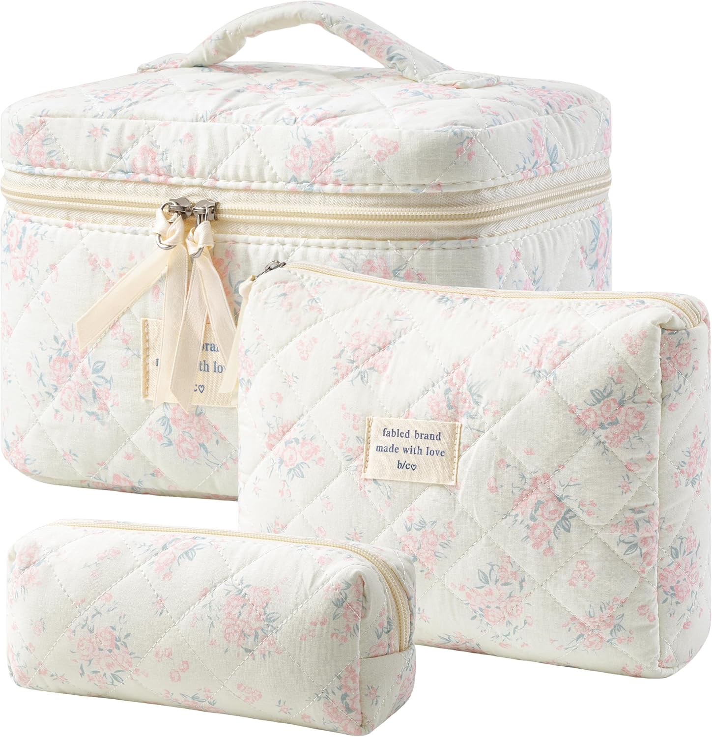 HBselect Quilted Makeup Bag, 3Pcs Cotton Large Travel Makeup Bags Organizer