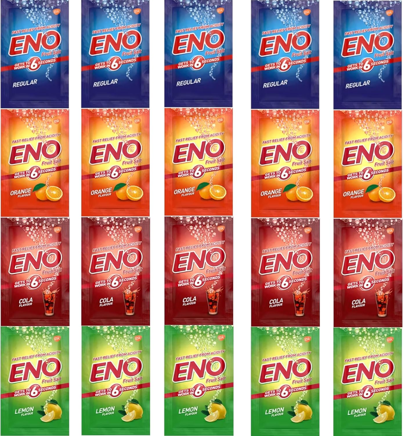 Eno Fruit Salt Antacid- 5g Sachets- Variety Pack - Regular x 5, Lemon x 5, Orange x 5, Cola x 5 = Total 20 sachets |