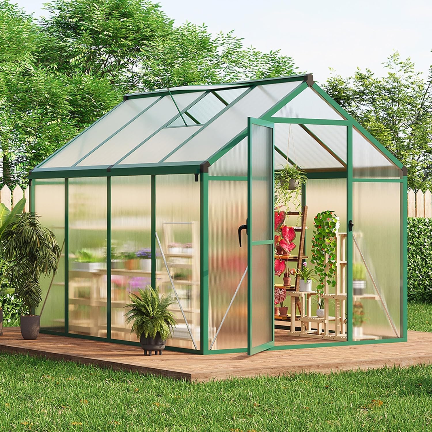 6X8 FT Greenhouse for Outdoors, Polycarbonate Greenhouse with Roof Vent, Ground Nails, Lockable Push Door, Aluminum Large Walk-in Green House for Outside Garden Backyard, Patio, Lawn, Green