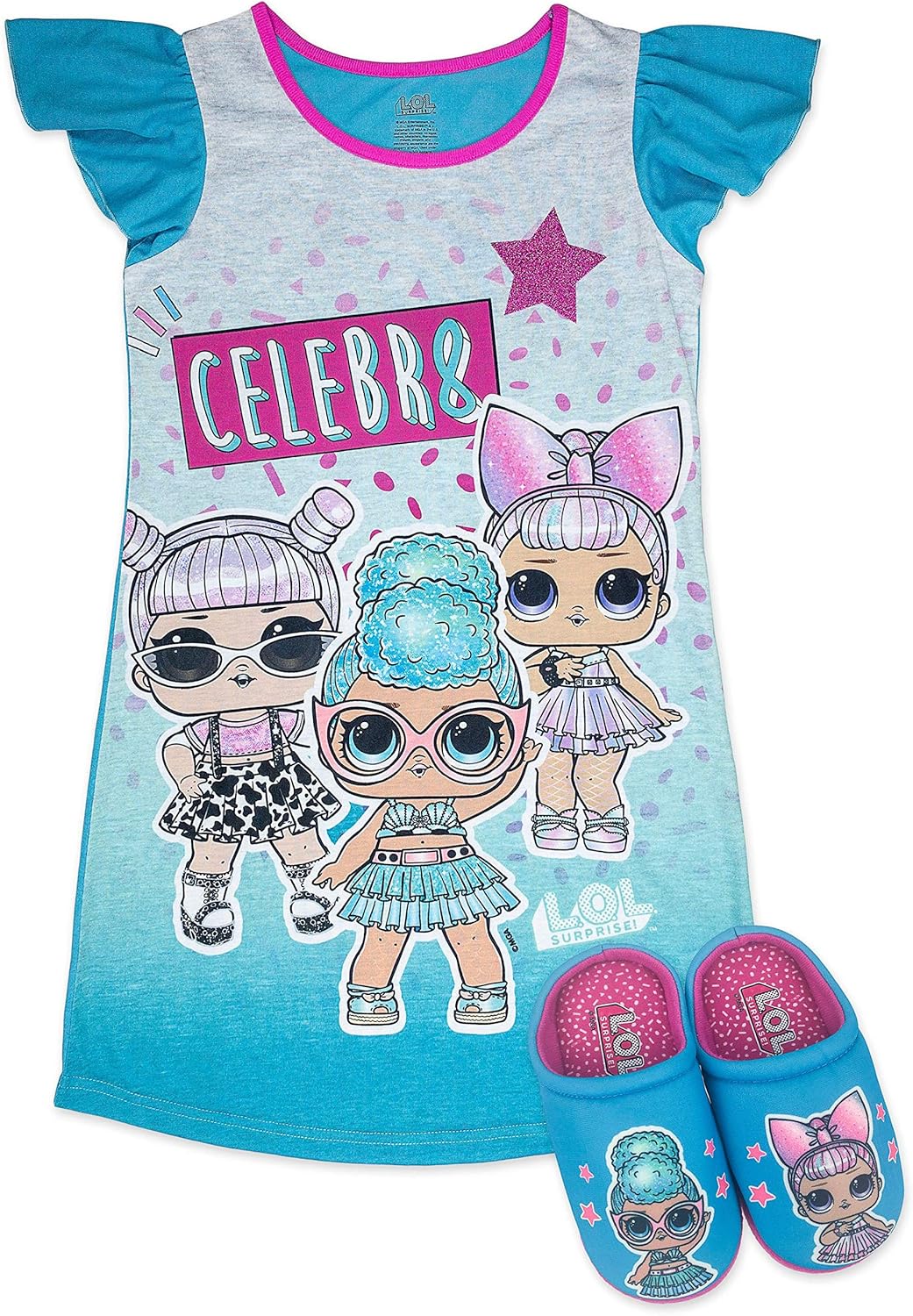 L.O.L Surprise! Girls Pajama Set, Pajama Dress with Slippers, Rocker Diva and MC Swag, Pink, Girls Sizes 4-5 to 10-12
