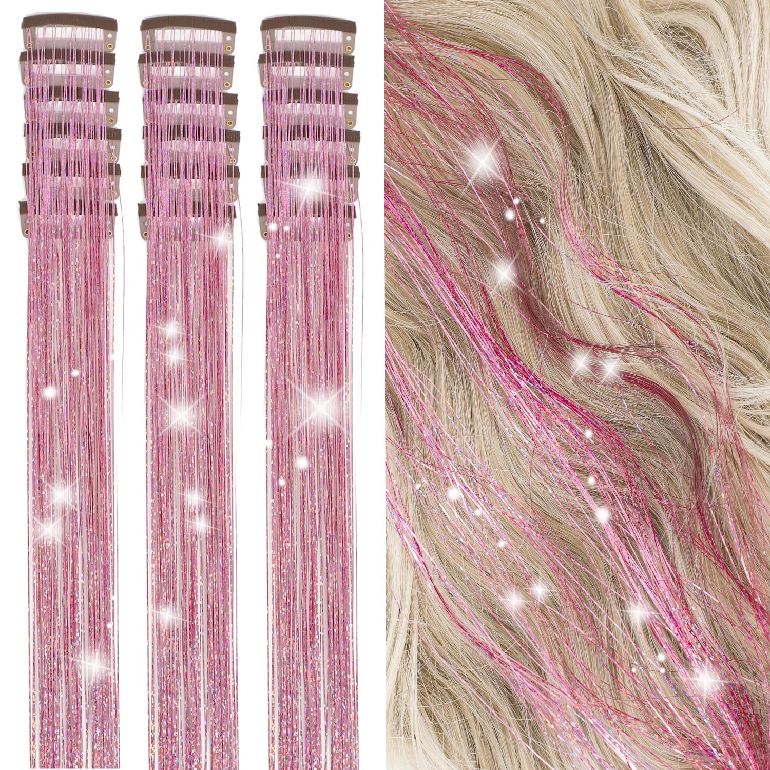 Hair Tinsel Kit Pack of 18 Pcs Hair Tinsel Clip in 19.6Inch Glitter Tinsel Hair Extensions Heat Resistant Clip in Hair Tinsel Sparkle Fairy Hair Accessories for Kids Girls Women (Pink)
