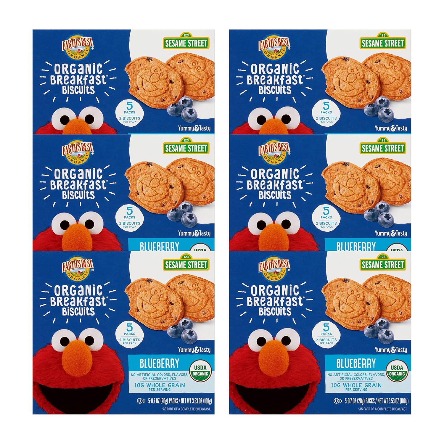 Earth's Best Organic Kids Snacks, Sesame Street Toddler Snacks, Organic Breakfast Biscuits for Kids 2 Years and Older, Blueberry, 5 Packs of 2 Biscuits per Box (Pack of 6)