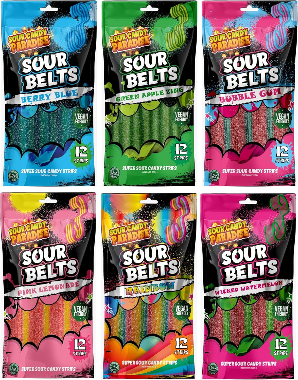 Candy Paradise Sour Belts Variety Pack 6 Flavours 100g (12 Strips Each) Gummy Candy Strips TikTok Viral Sweet & Sour Treats