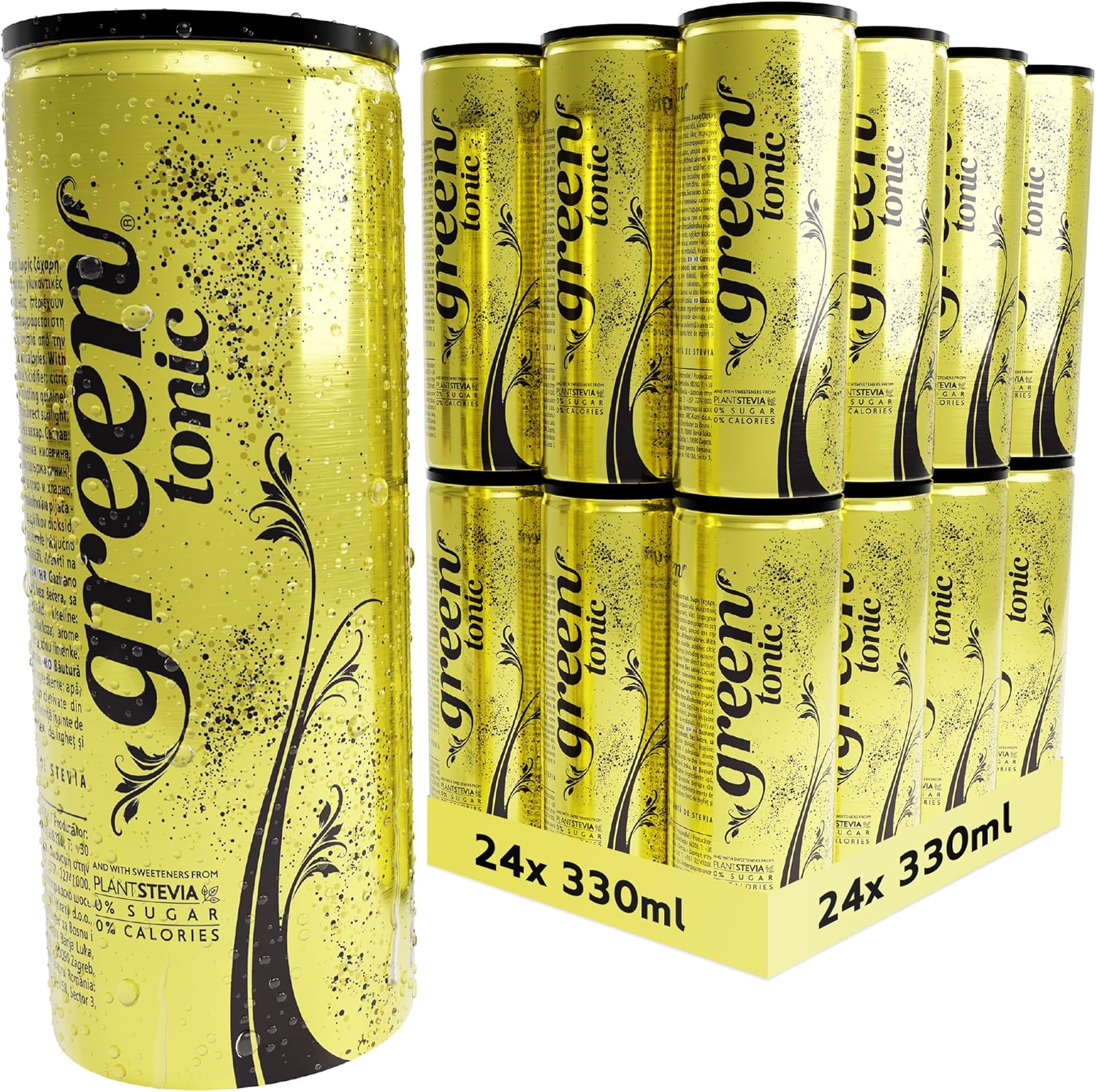 Green Tonic Water Cans 24 Pack, Slimline Tonic, No Aspartame, No Sugar, No Calories, Tonic Water for Gin and Mixer - Bulk Pack of 24 Cans x 330 ml(packaging may vary)