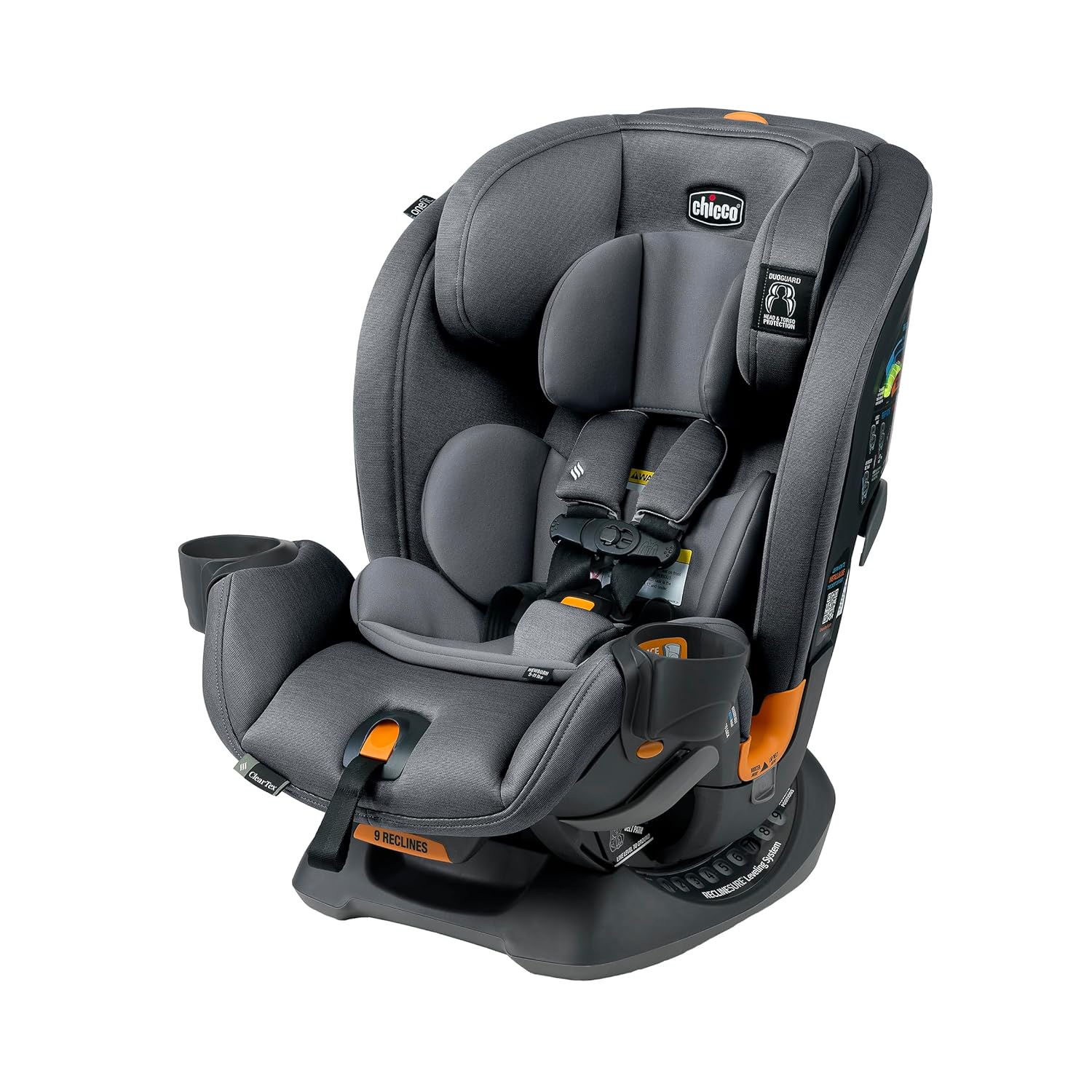 Chicco OneFit ClearTex All-in-One Car Seat, Slim Design, Rear-Facing Seat for Infants 5-40 lbs., Forward-Facing 25-65 lbs., Booster 40-100 lbs., Convertible Car Seat | Slate/Grey