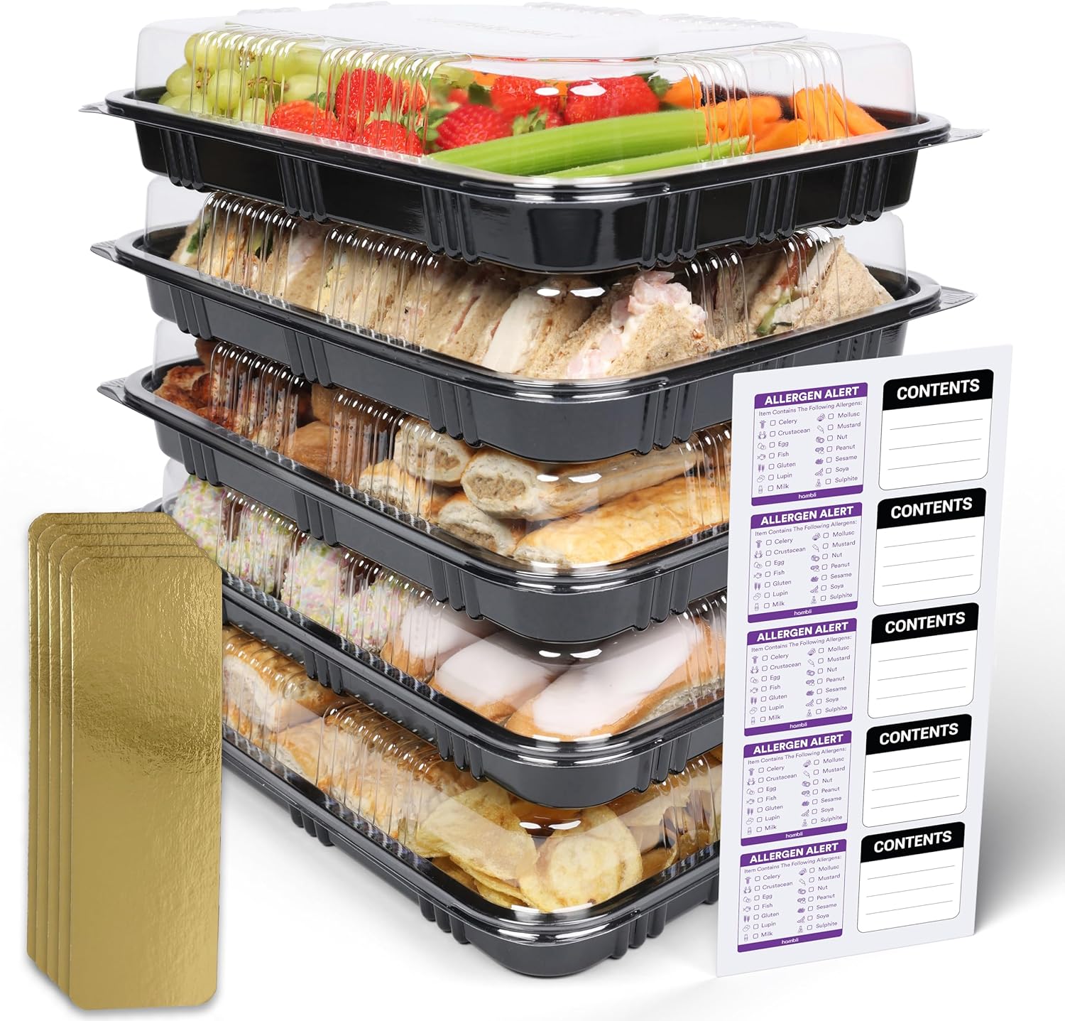 Kitchenella Pack of 5 Reusable Sandwich Platter Trays with Clear Lids – Buffet, Catering & Party Serving Platters with Dividers & Food Labels – Reusable Food Trays for Sandwiches – 33.5 × 24 × 7 cm