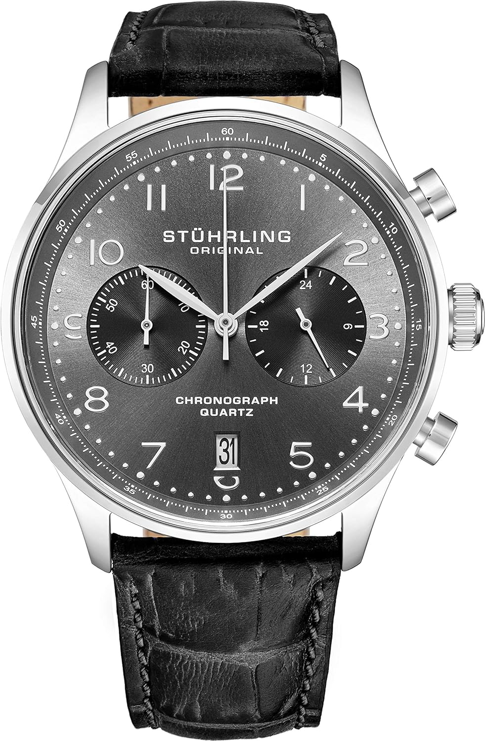 Stuhrling Original Mens Quartz Chronograph Dress Watch - Stainless Steel Case and Leather Band - Analog Dial with Date GR1-Q Mens Watches Collection (Black)