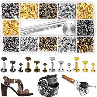 420 Sets Leather Rivets, Rivets for Leather Crafting, 4 Colors and 3 Sizes Leather Rivet Kit with 3pcs Leather Tools, Rivets for Fabric, Remaches para Cuero, Double Cap Brass Rivets for Decoration