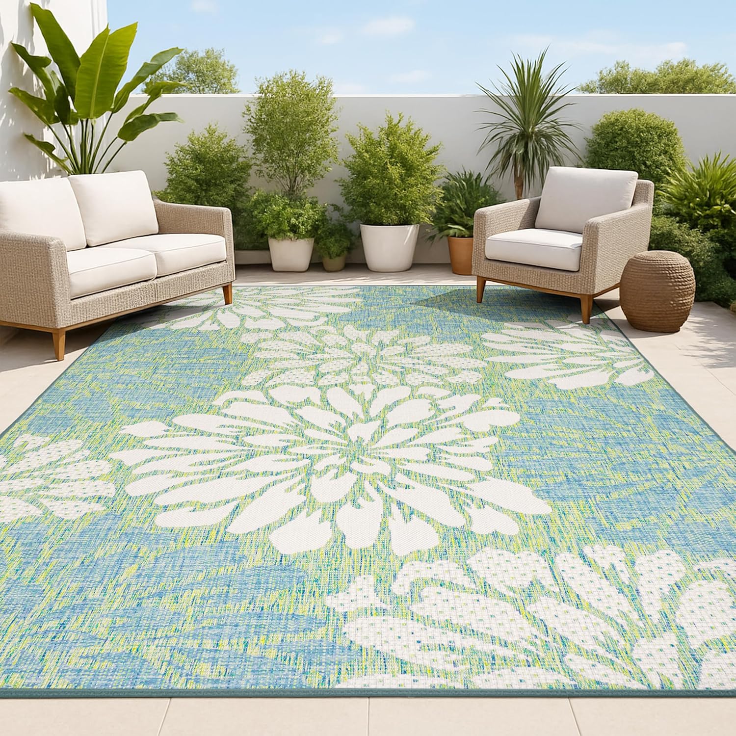 JONATHAN Y Floral Textured Weave Indoor Outdoor Area Rug 8X10 Cream/Green, Zinnia Modern for Backyard, Patio, Porch, Easy-Cleaning, High Traffic, Pet-Friendly, Non-Shedding (SMB110D-8)