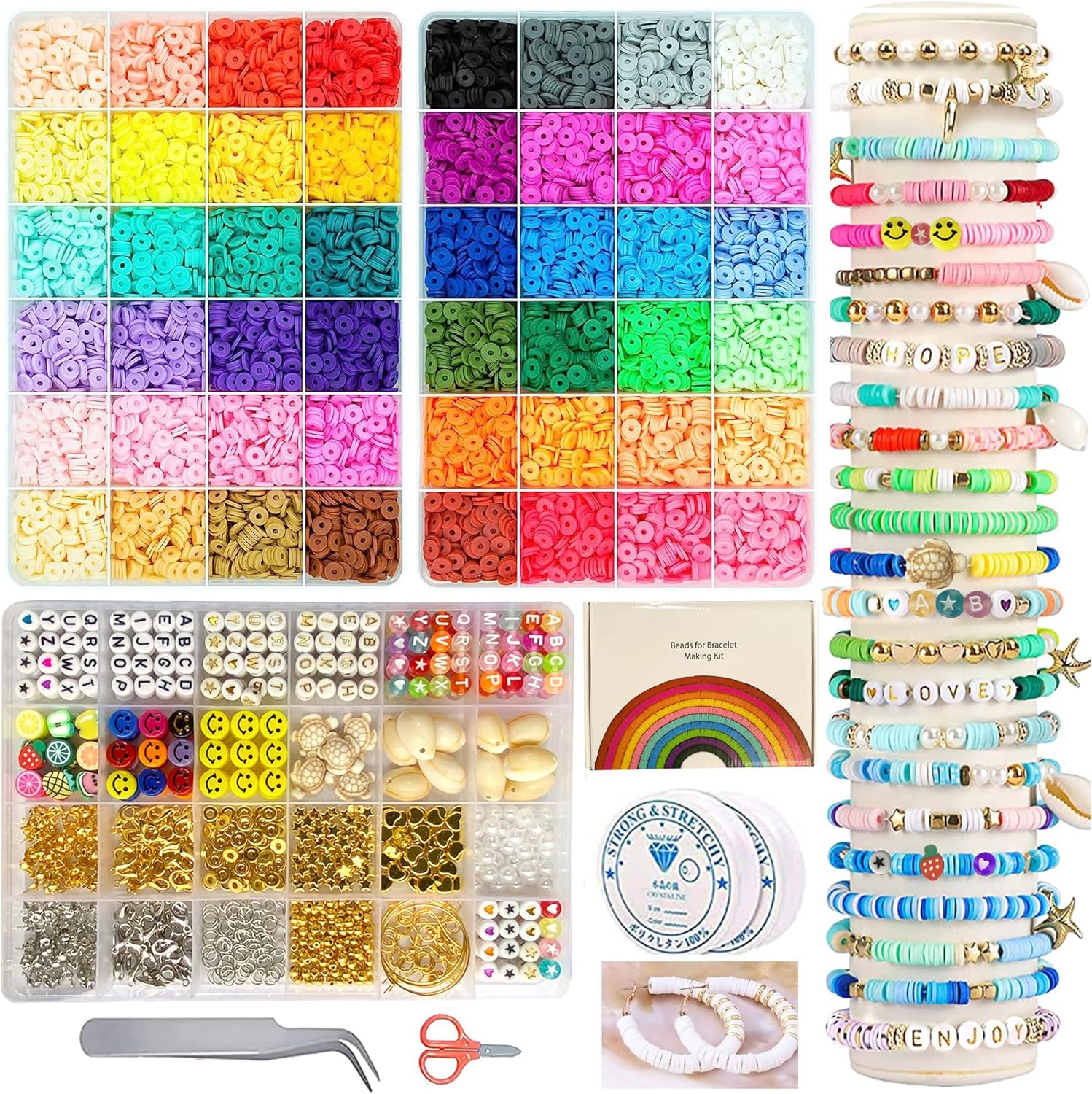 Kinearcharms 10000Pcs+ Clay Beads Kit,6mm Flat Round Polymer Clay Beads for Jewelry Making, 48Color Heishi Clay Spacer Beads 3Box Bracelet Necklace Earring DIY with Letter Beads for Kids Adults