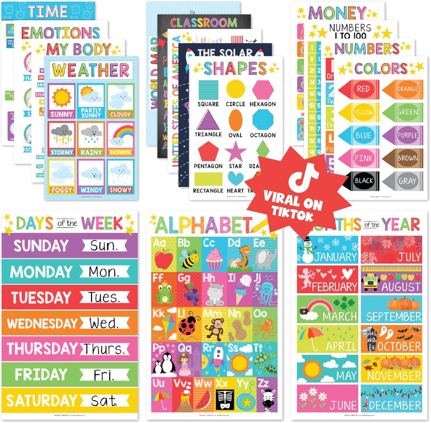 Hadley Designs 16 Educational Posters for Classroom & Kindergarten, Kindergarten Classroom Must Haves, Laminated PreK Learning Chart Materials US & World Map, ABC Alphabet, Shapes, Days of the Week