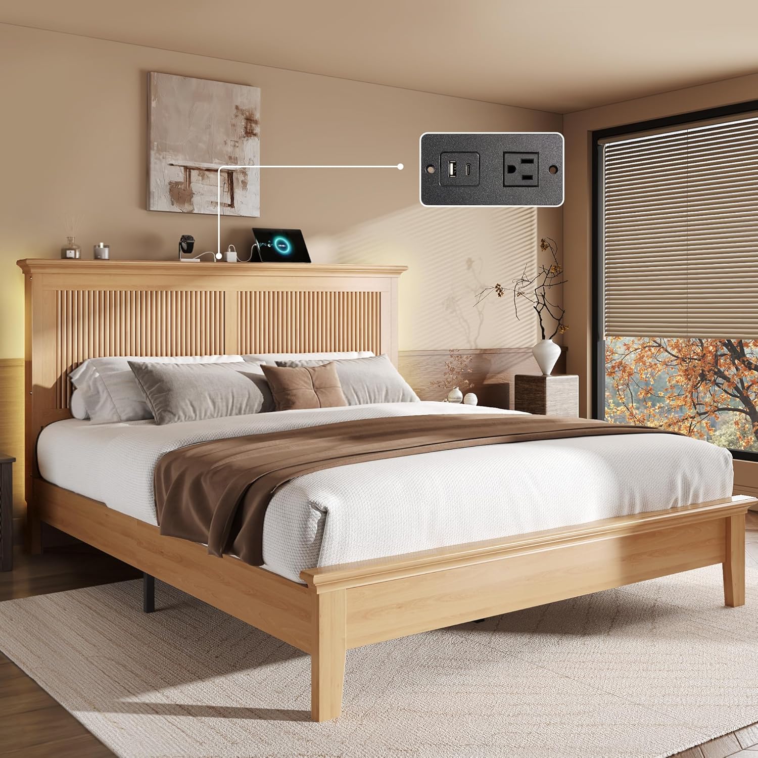 Lifezone Wood Queen Bed, Solid Wood Bed with Tall Headboard, American Vintage Design, Queen Bed with Charging Station & RGB LED, Wood Slats Support,Noise-Free,Sturdy Structure,Easy Assembly, Natural